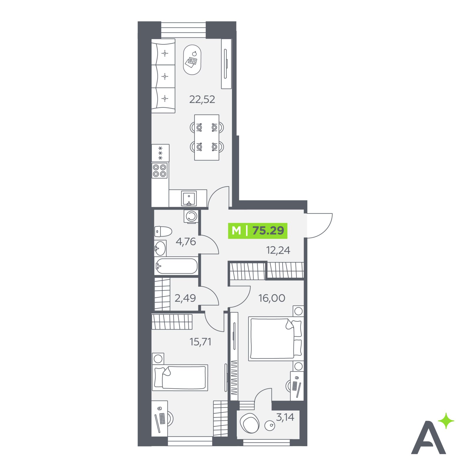 Планировка: 3-комнатная квартира, 75,3 м²