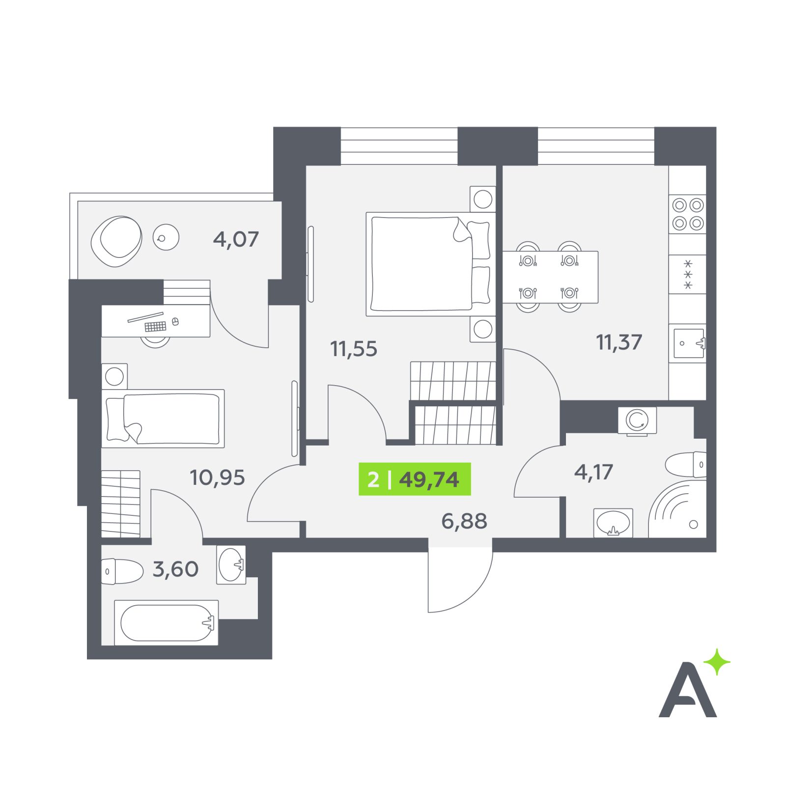 Планировка: 2-комнатная квартира, 49,7 м²