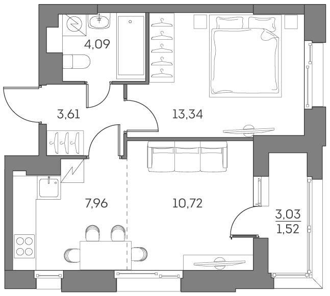Планировка: 2-комнатная квартира, 41,2 м²