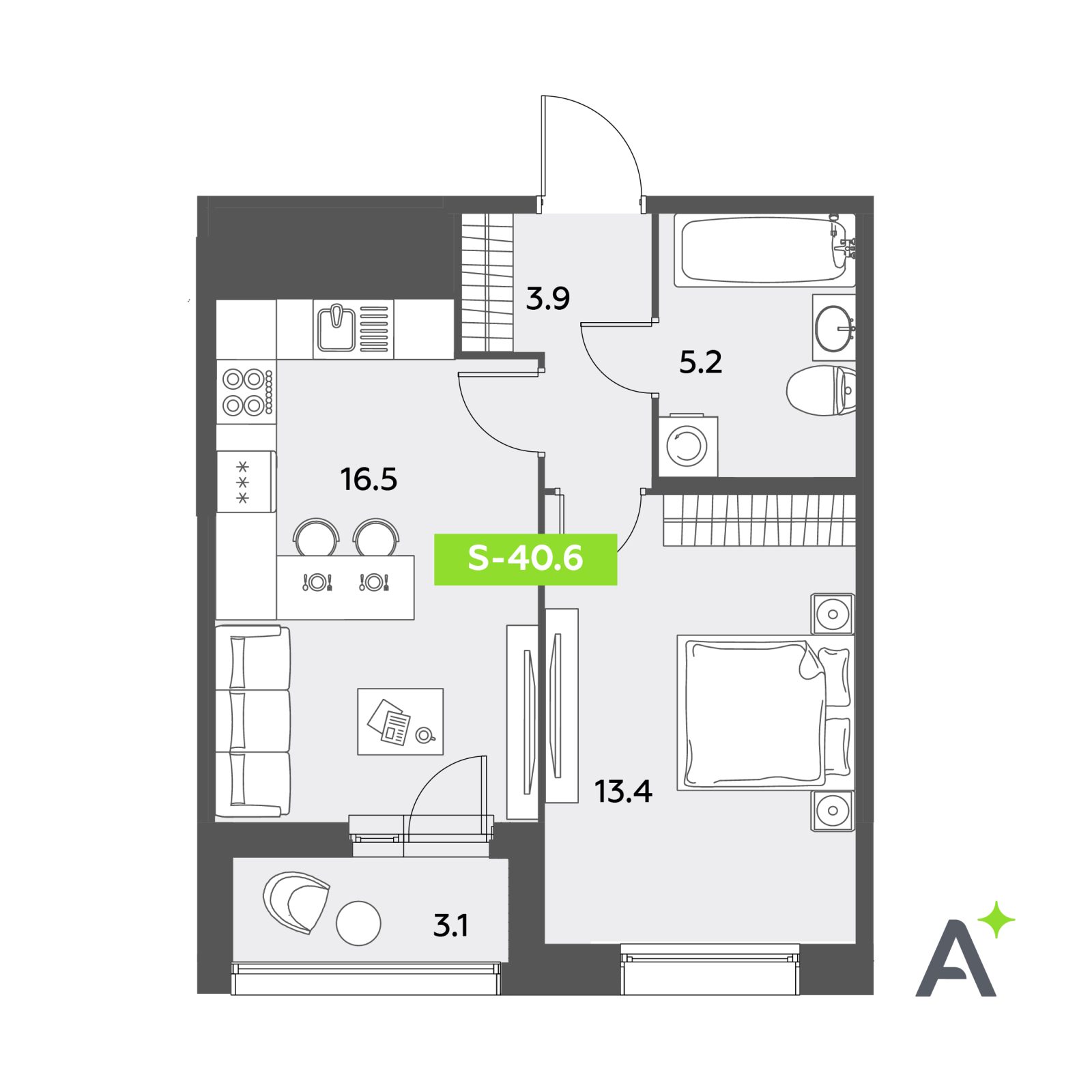 Планировка: 2-комнатная квартира, 40,6 м²