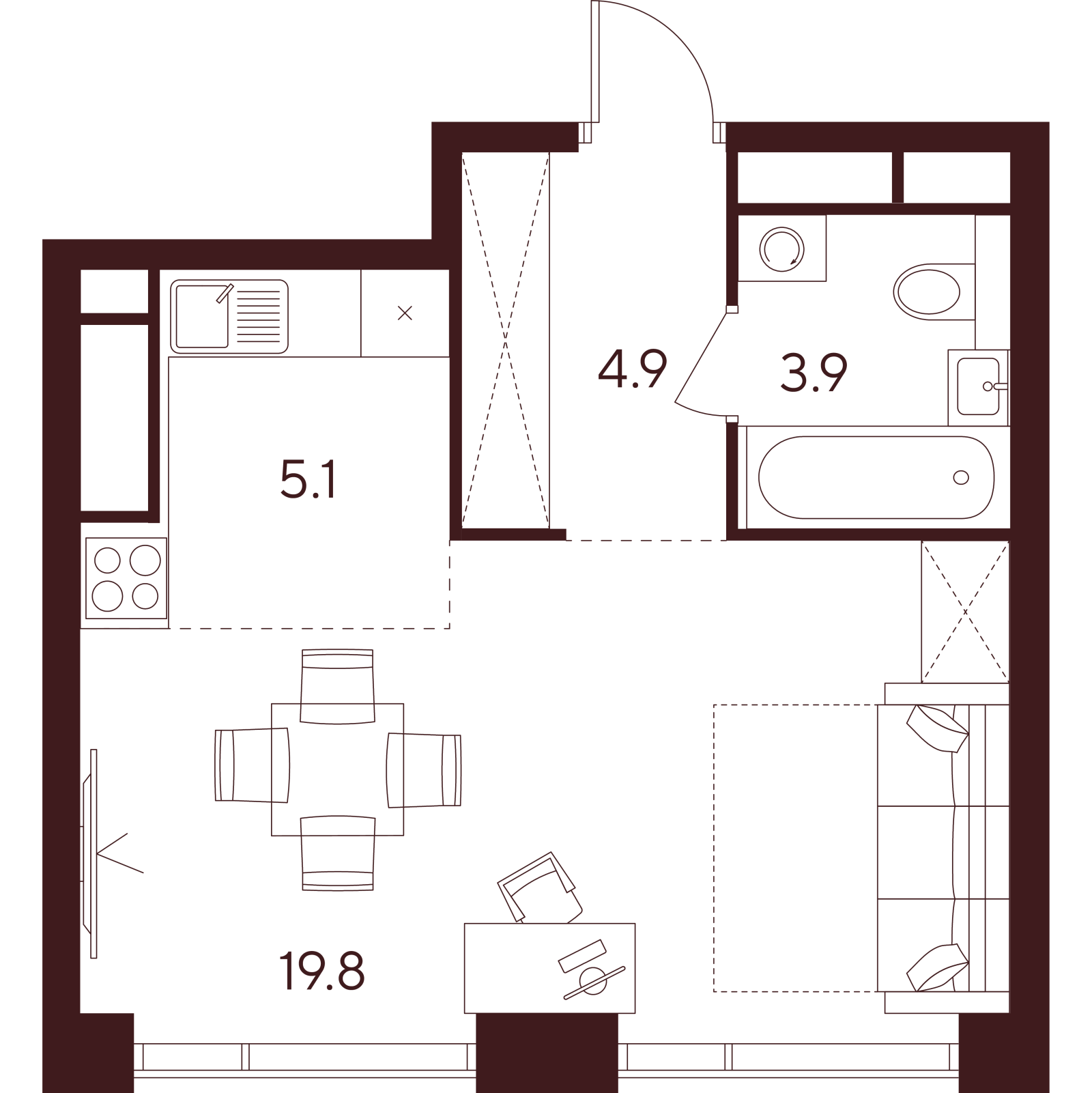 Планировка: студия, 33,7 м²