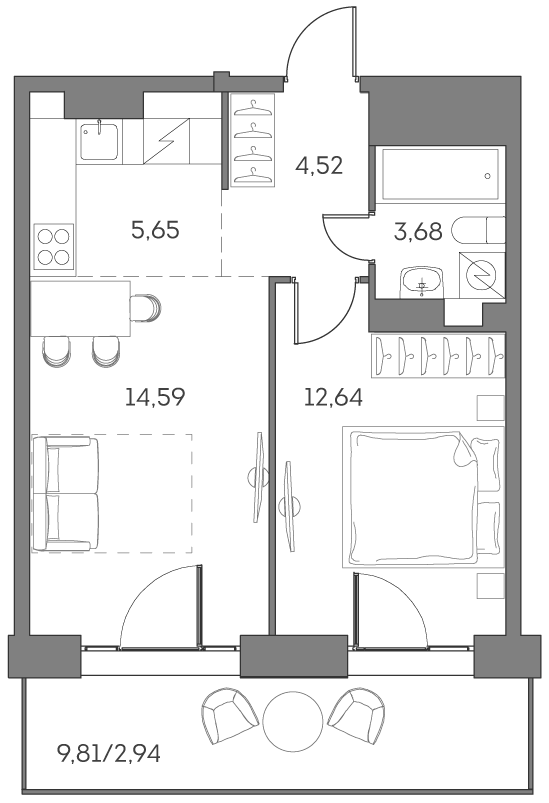 Планировка: 2-комнатная квартира, 44,0 м²