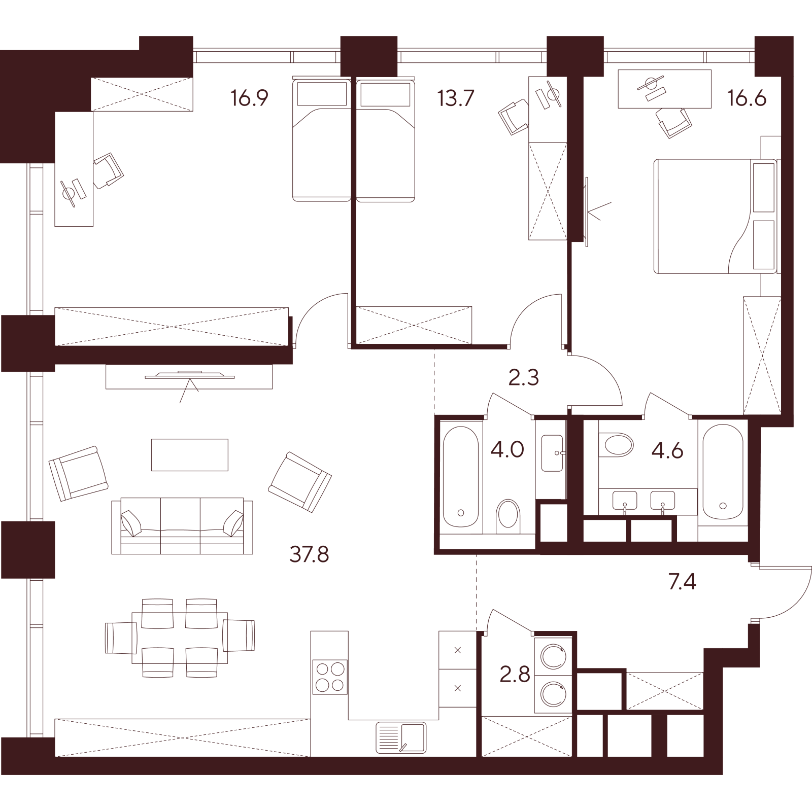 Планировка: 4-комнатная квартира, 106,1 м²
