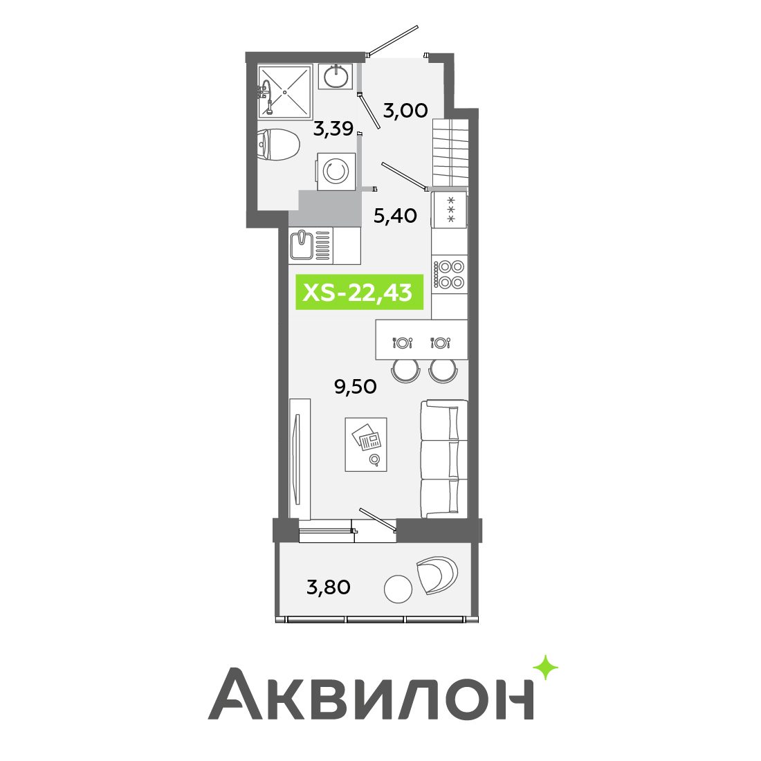 Планировка: студия, 22,4 м²