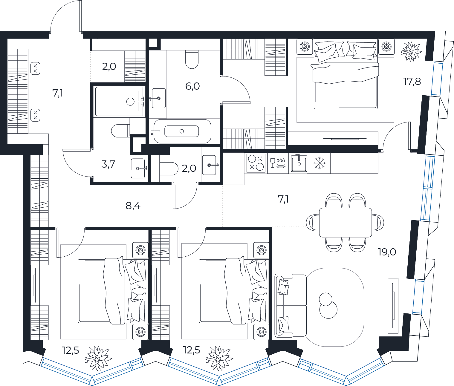 Планировка: 3-комнатная квартира, 98,1 м²