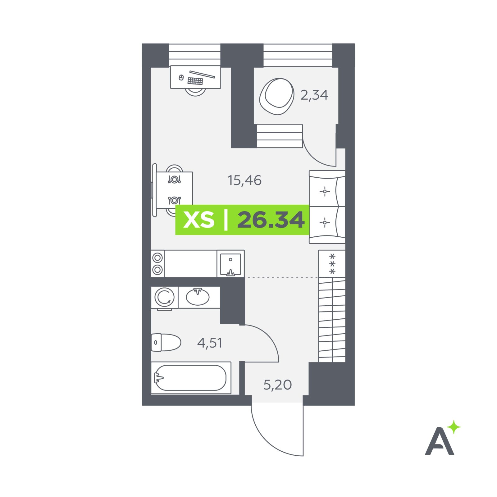 Планировка: студия, 26,3 м²