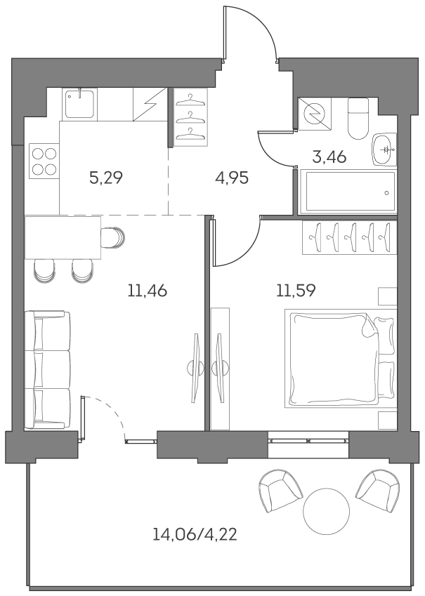 Планировка: 2-комнатная квартира, 41,0 м²