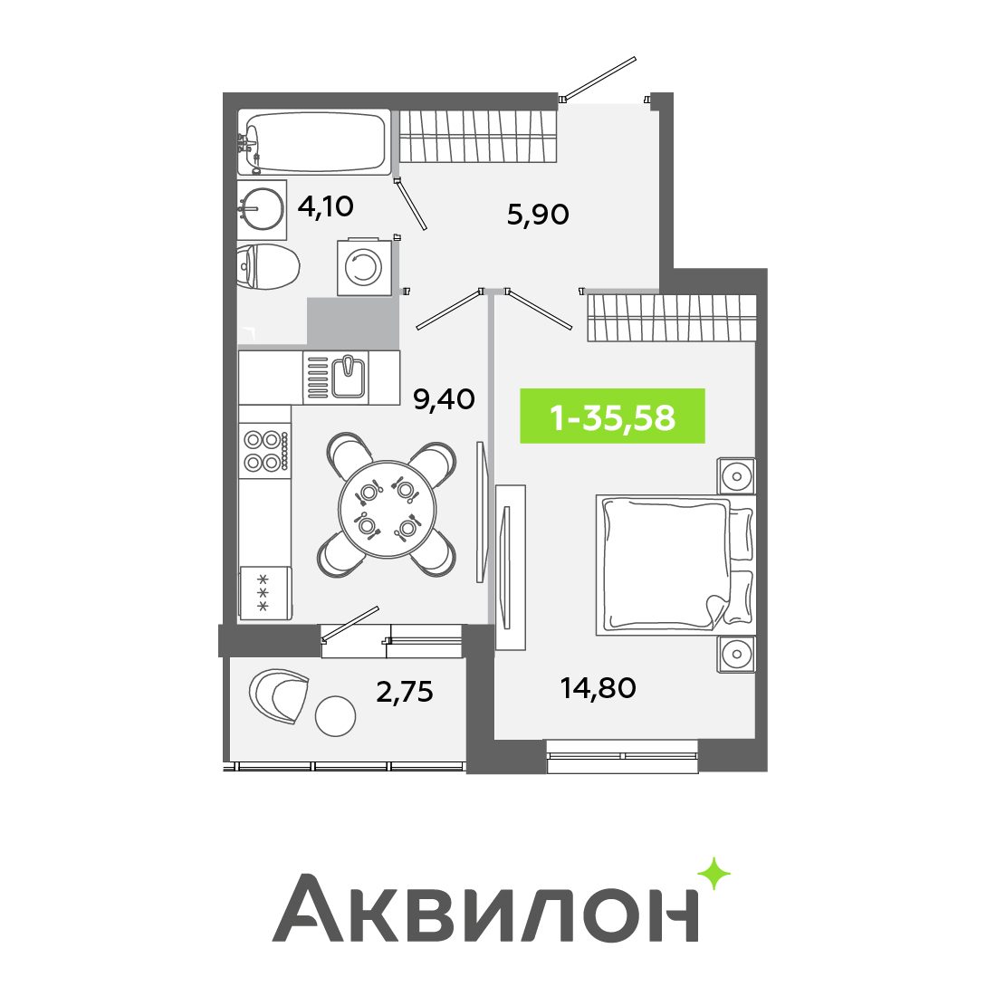 Планировка: 1-комнатная квартира, 35,6 м²