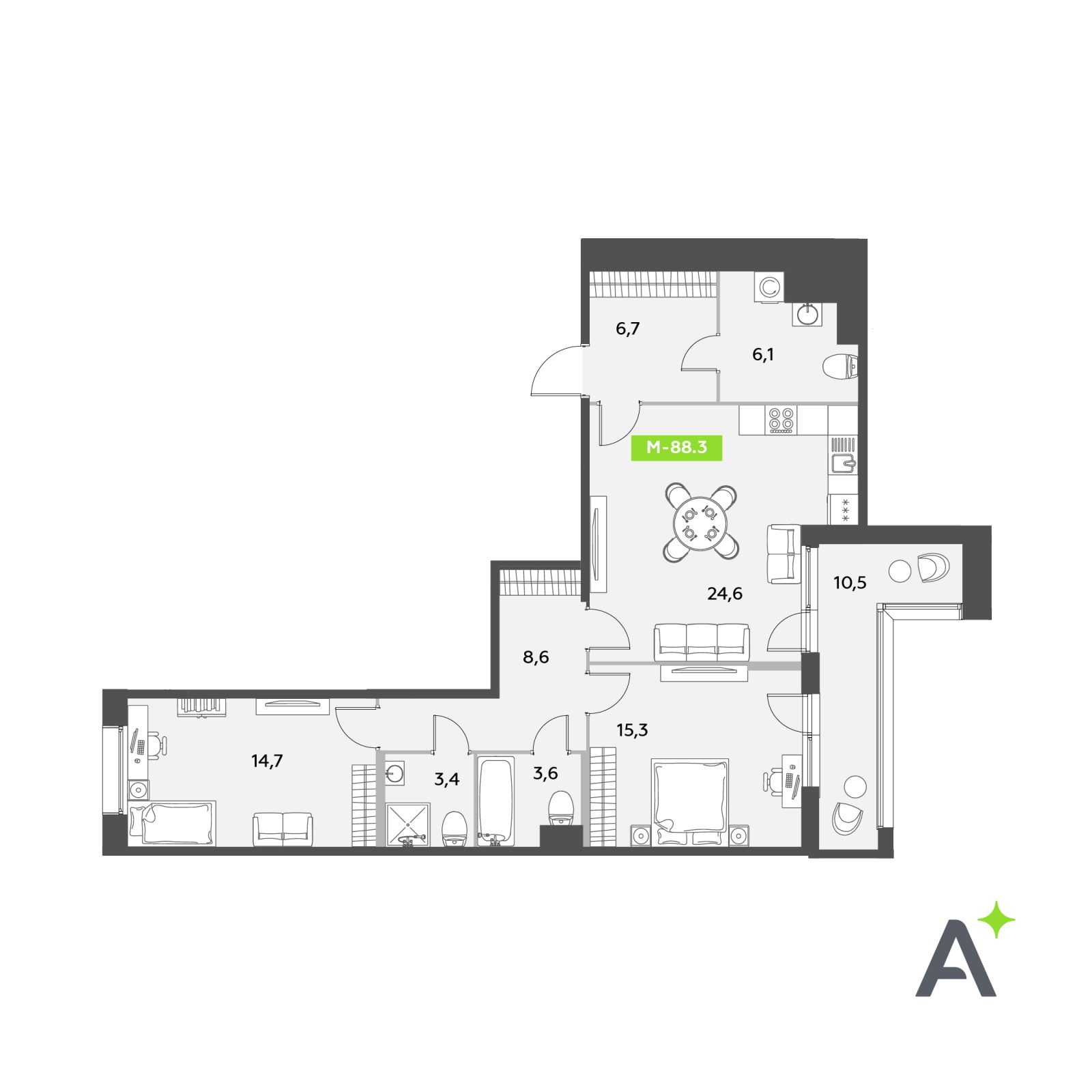 Планировка: 3-комнатная квартира, 88,3 м²