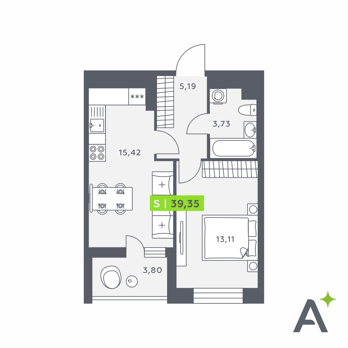 Планировка: 2-комнатная квартира, 39,4 м²