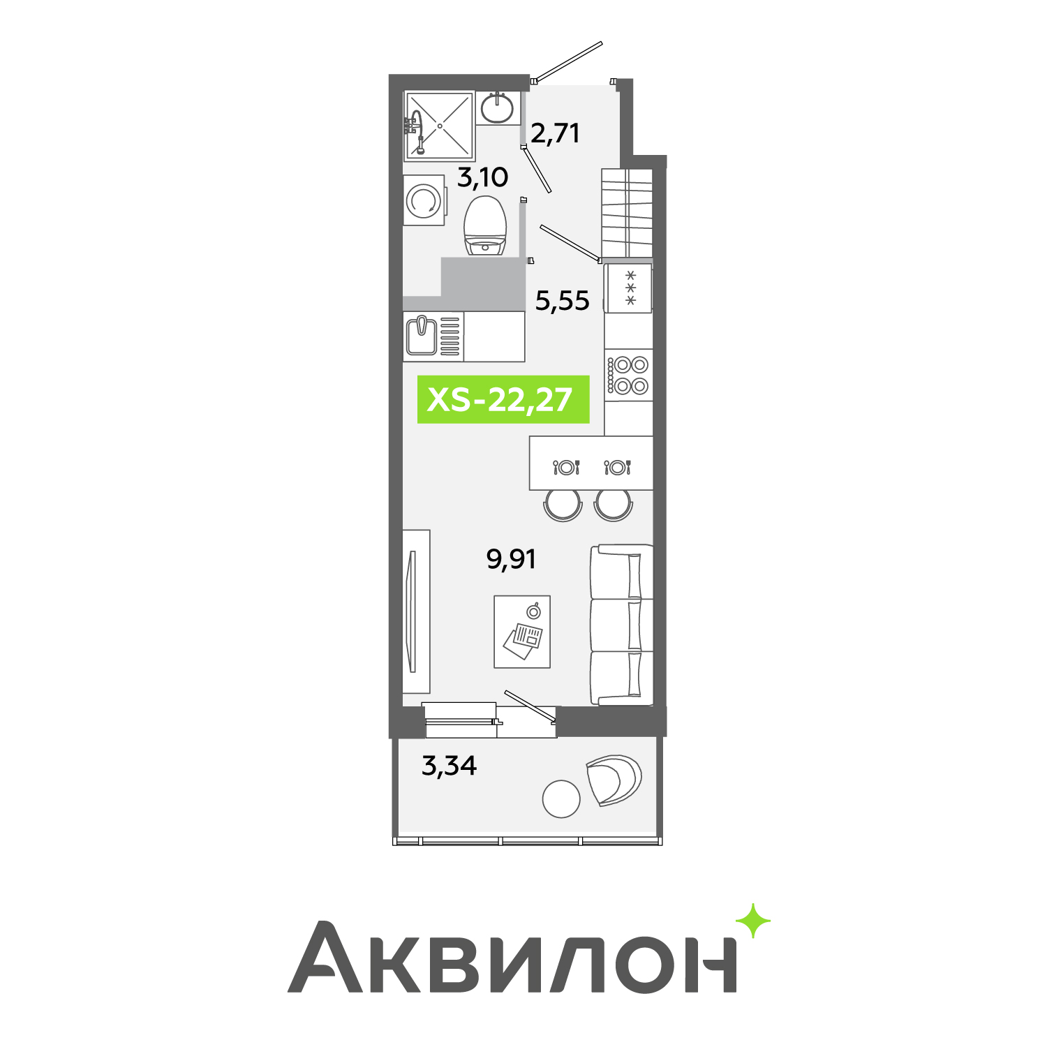 Планировка: студия, 22,3 м²