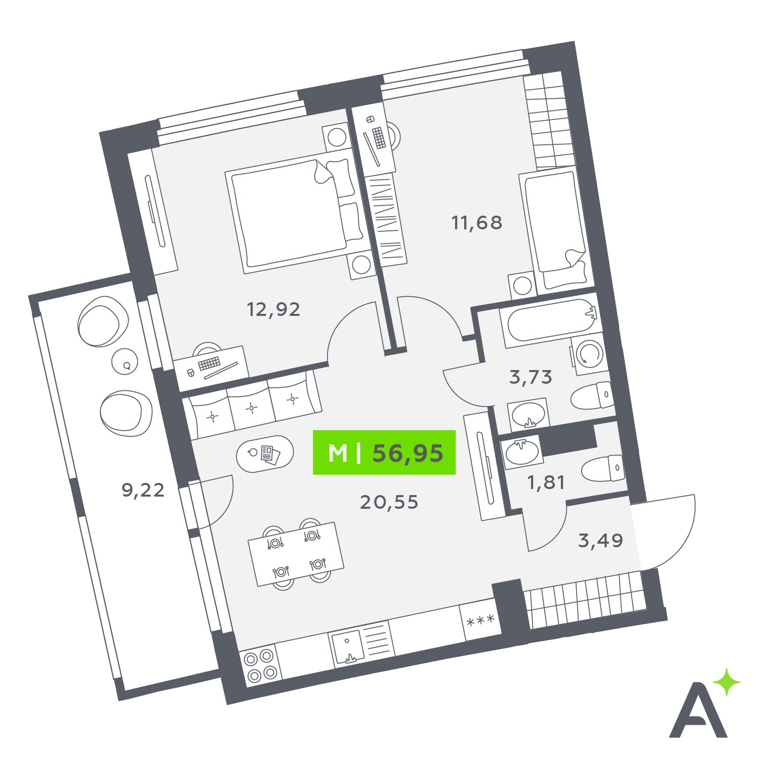 Планировка: 3-комнатная квартира, 57,0 м²