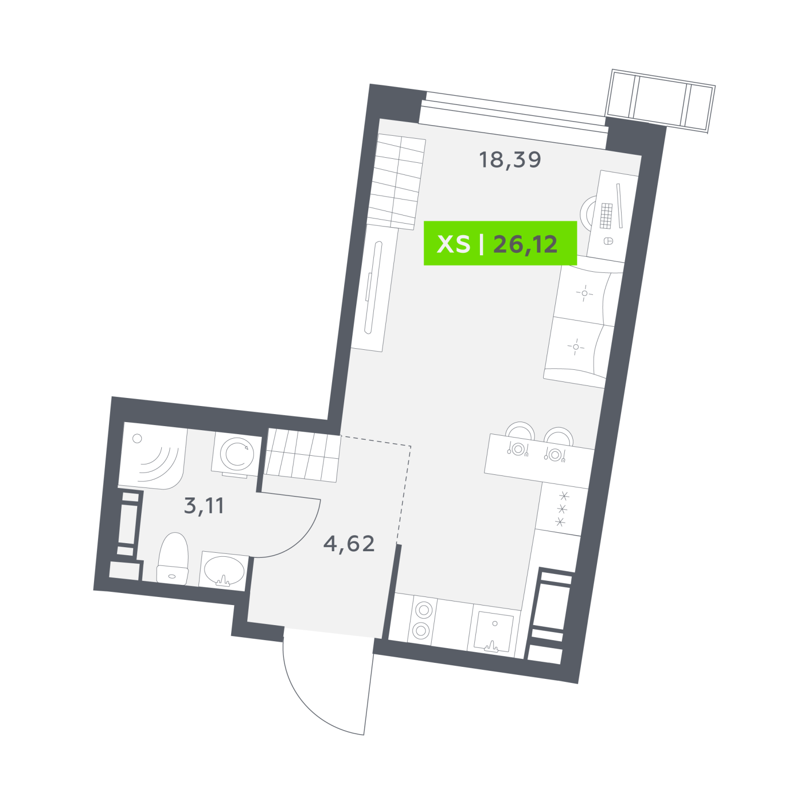 Планировка: студия, 26,1 м²