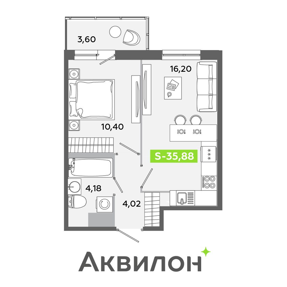 Планировка: 2-комнатная квартира, 35,9 м²