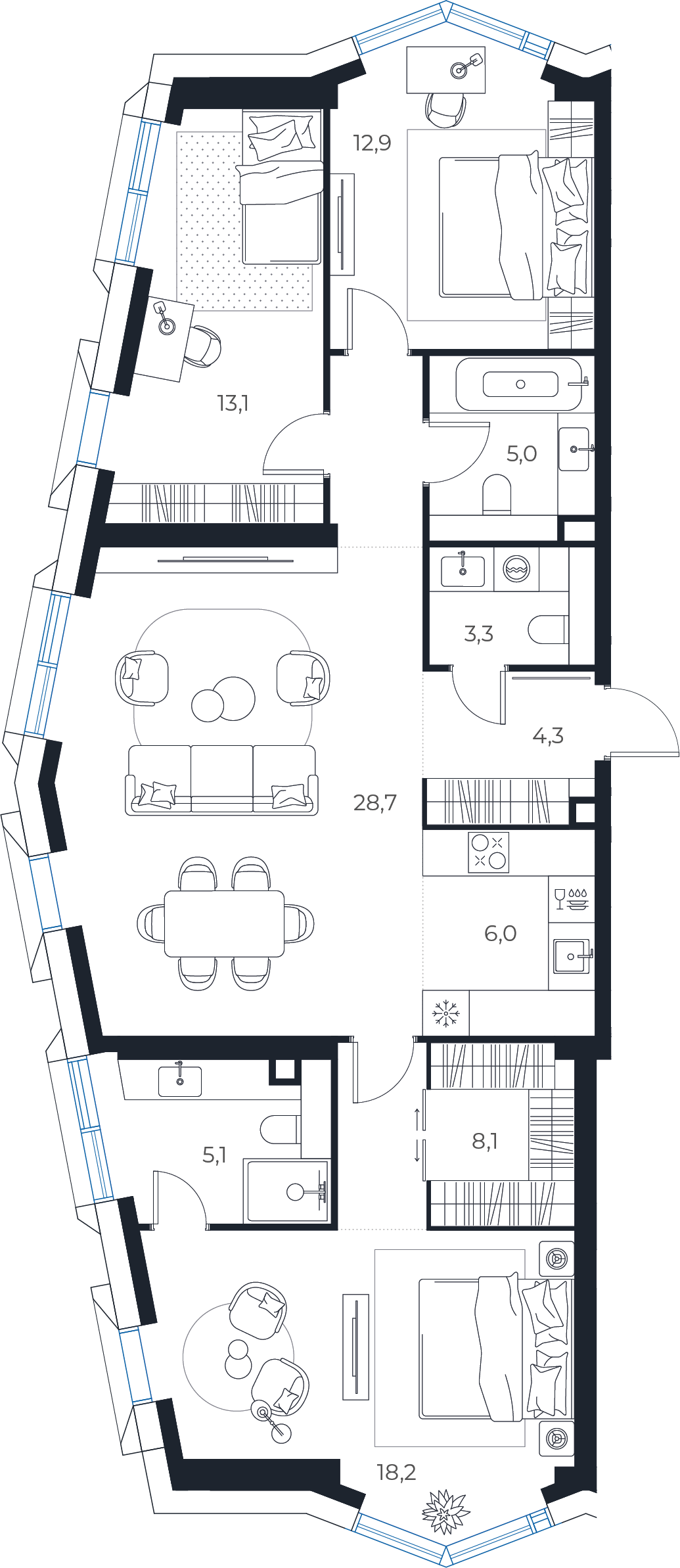 Планировка: 3-комнатная квартира, 107,7 м²