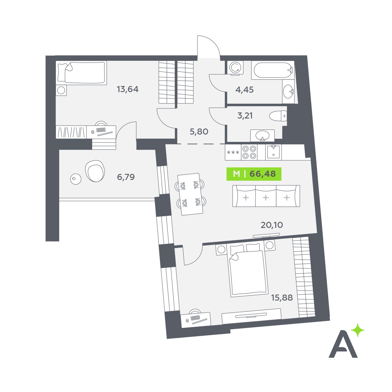 Планировка: 3-комнатная квартира, 66,5 м²