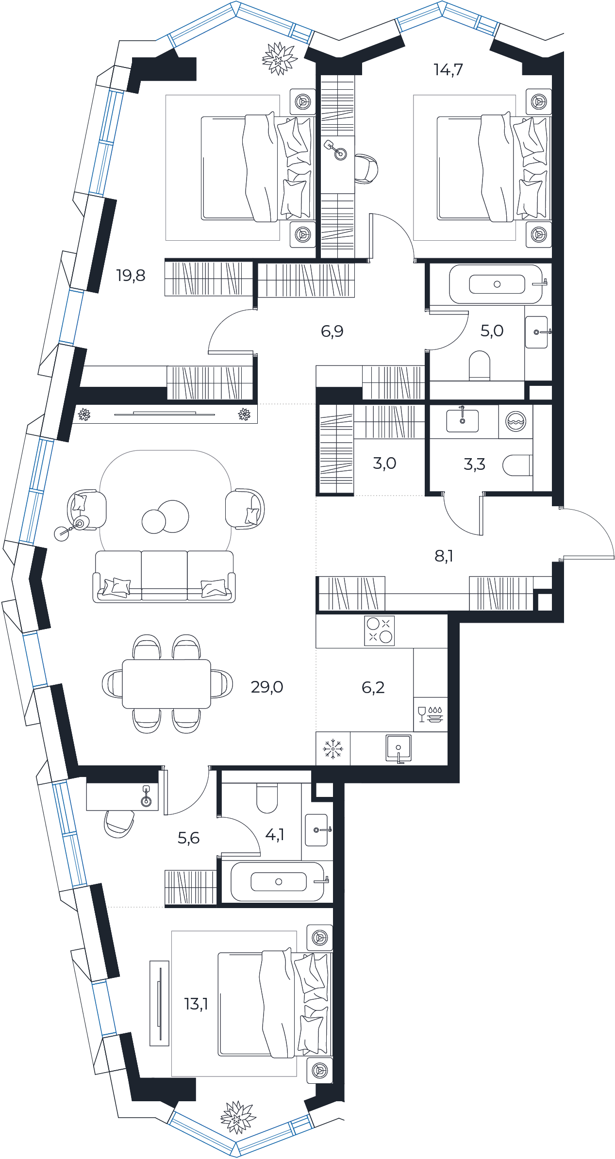 Планировка: 3-комнатная квартира, 118,8 м²