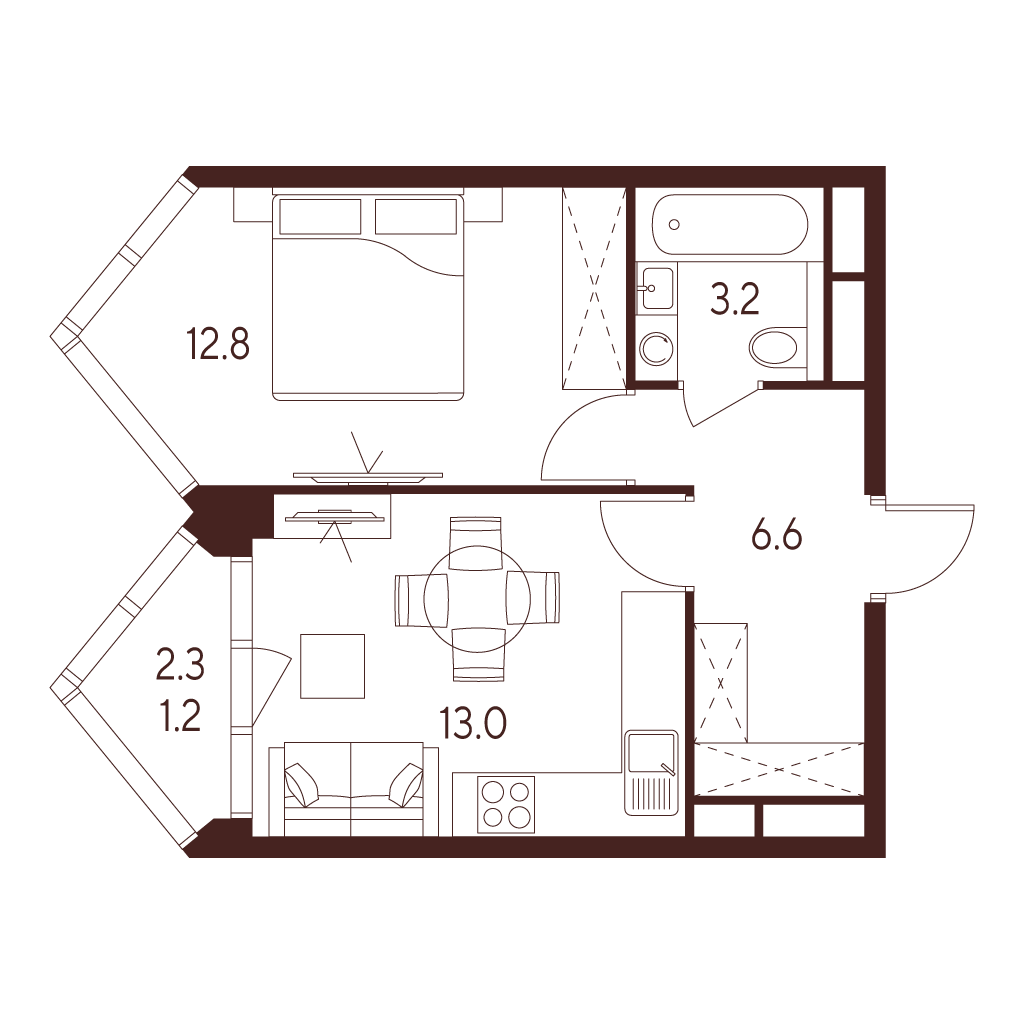 Планировка: 2-комнатная квартира, 36,8 м²