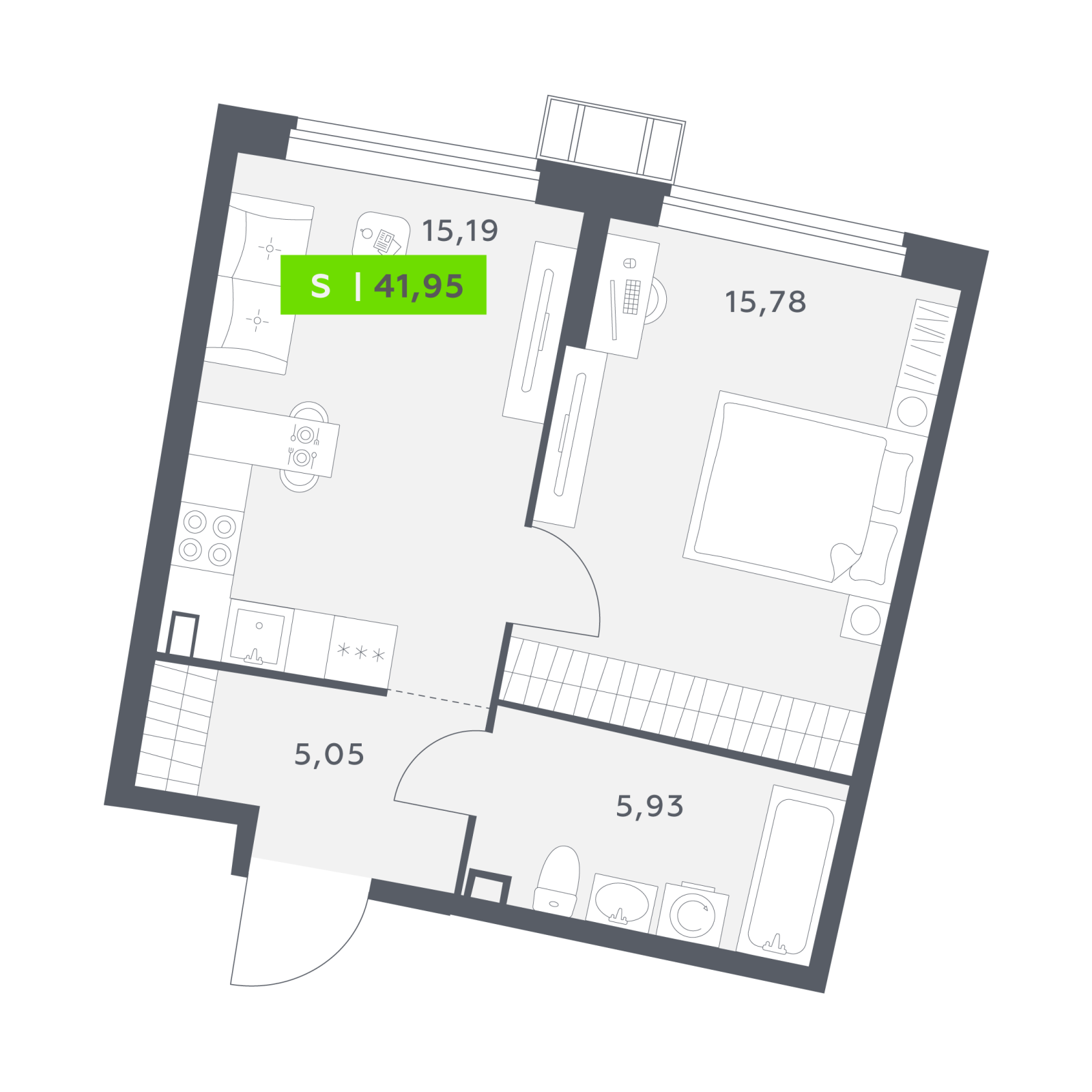 Планировка: 2-комнатная квартира, 42,0 м²