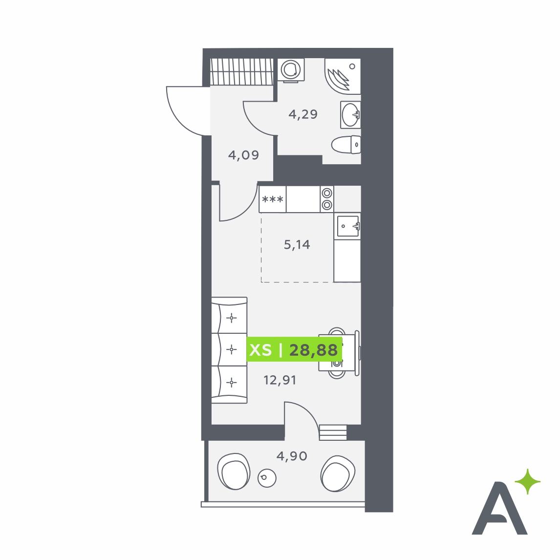 Планировка: студия, 28,9 м²