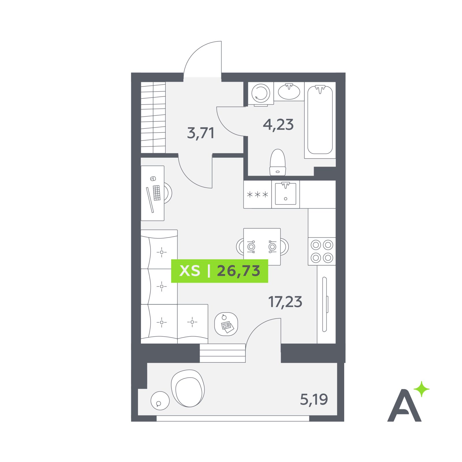 Планировка: студия, 26,7 м²