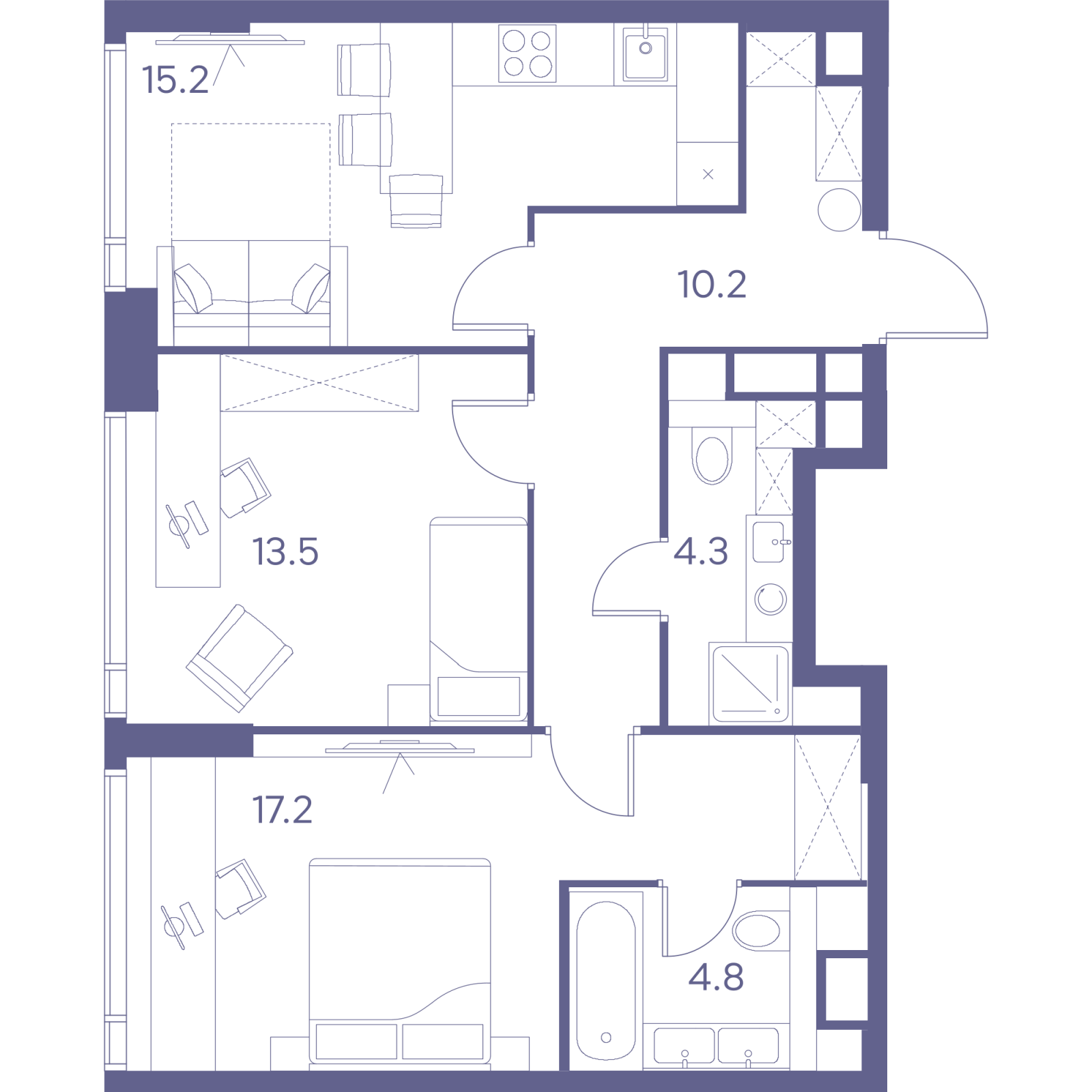 Планировка: 2-комнатная квартира, 65,2 м²