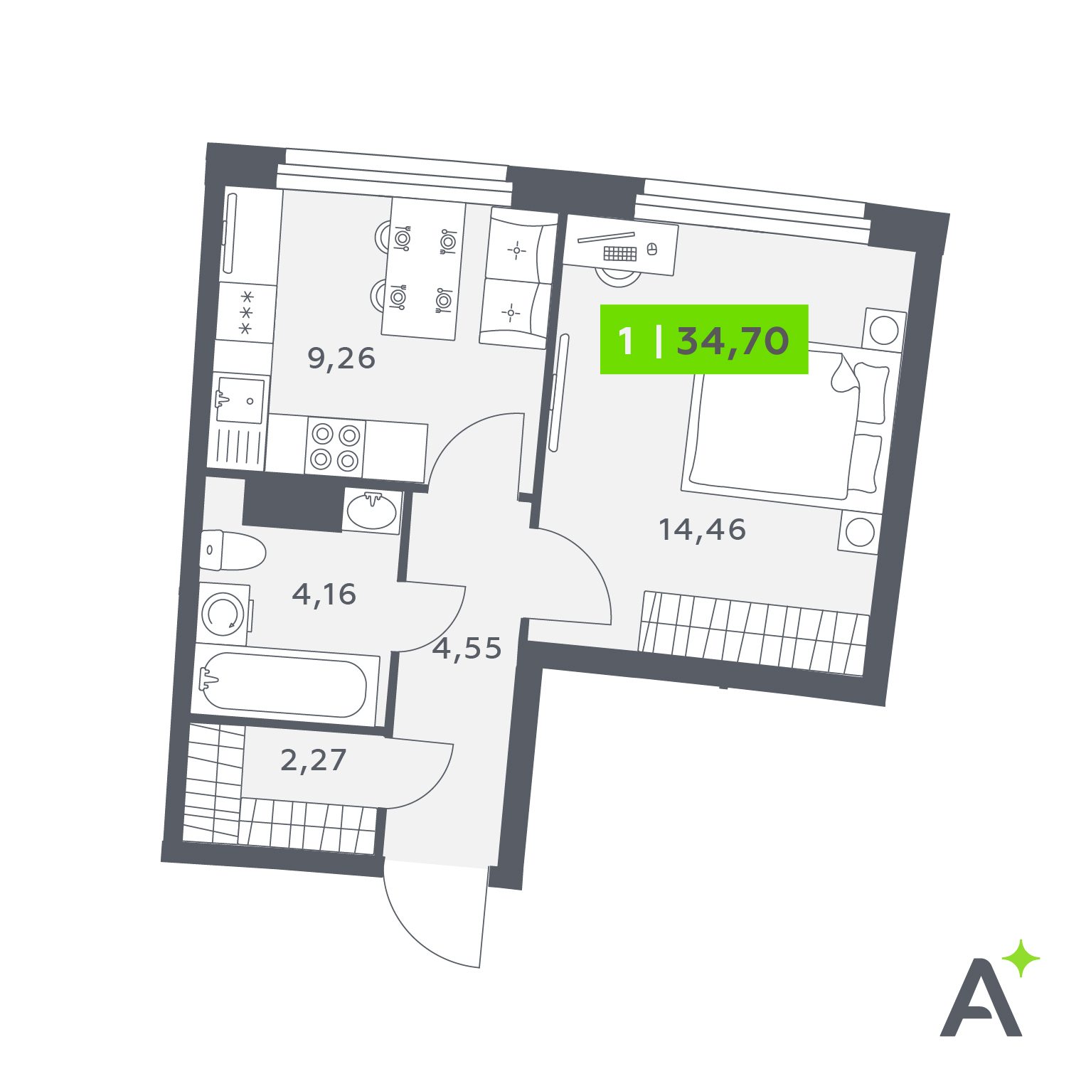 Планировка: 1-комнатная квартира, 34,7 м²