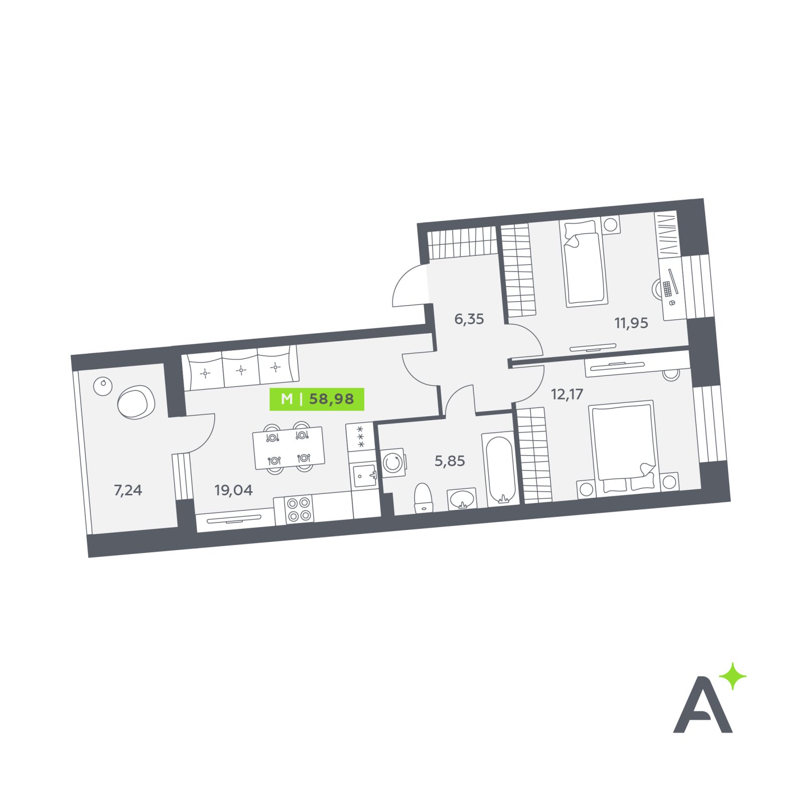 Планировка: 3-комнатная квартира, 59,0 м²