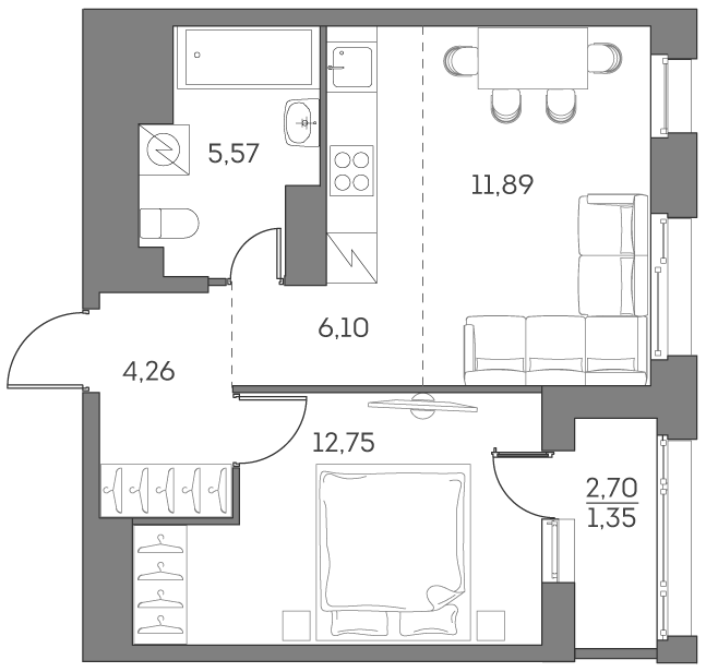 Планировка: 2-комнатная квартира, 41,9 м²