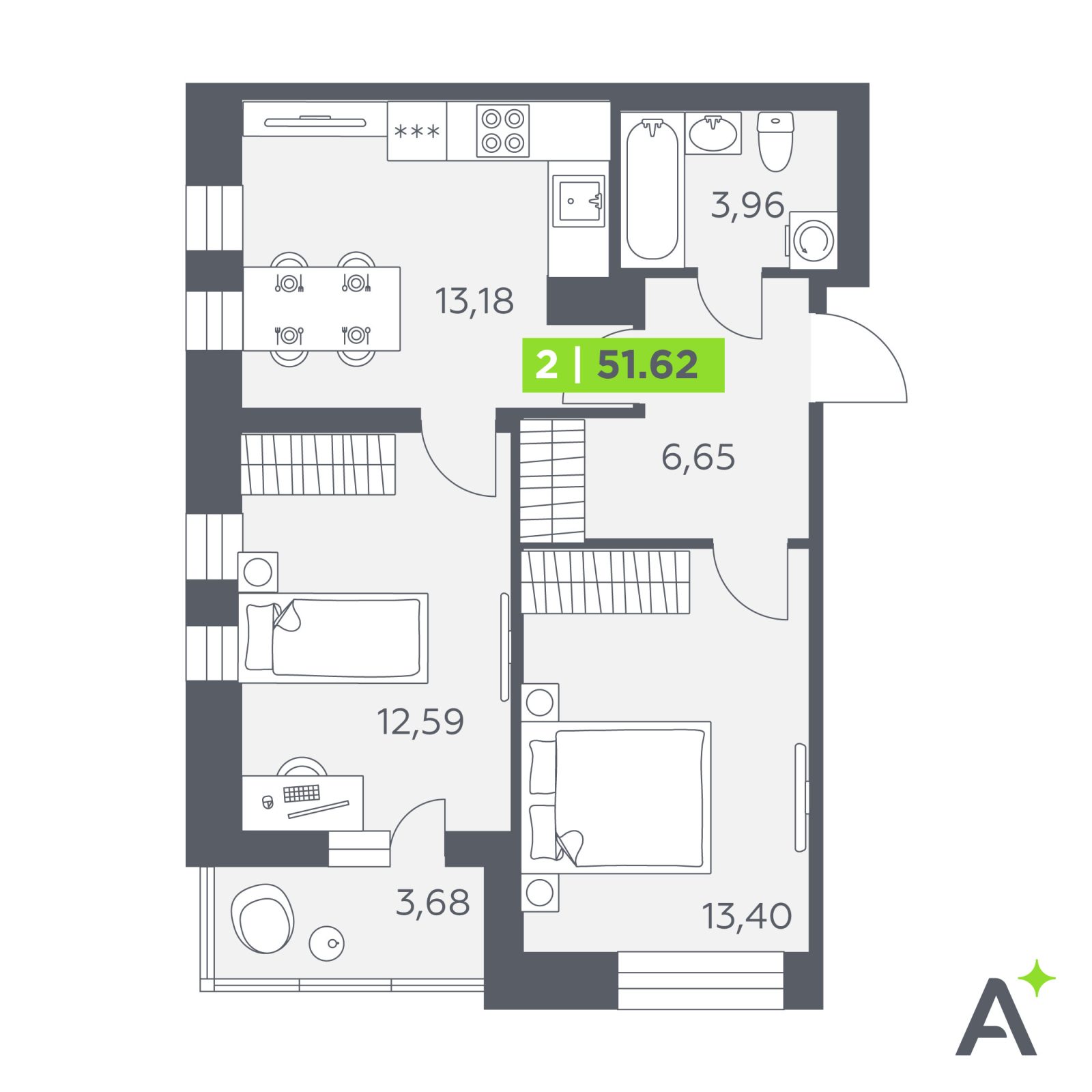 Планировка: 2-комнатная квартира, 51,6 м²