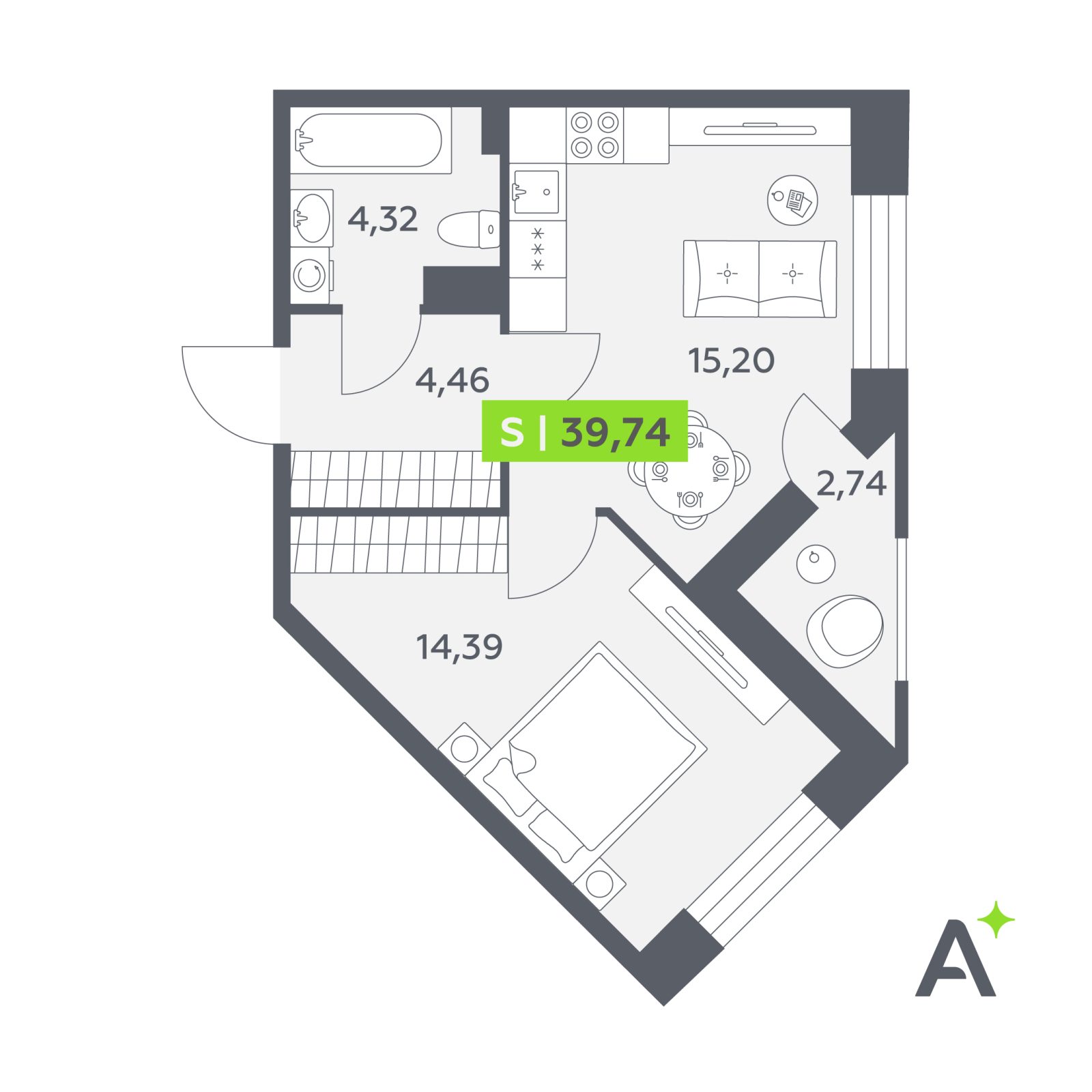 Планировка: 2-комнатная квартира, 39,7 м²