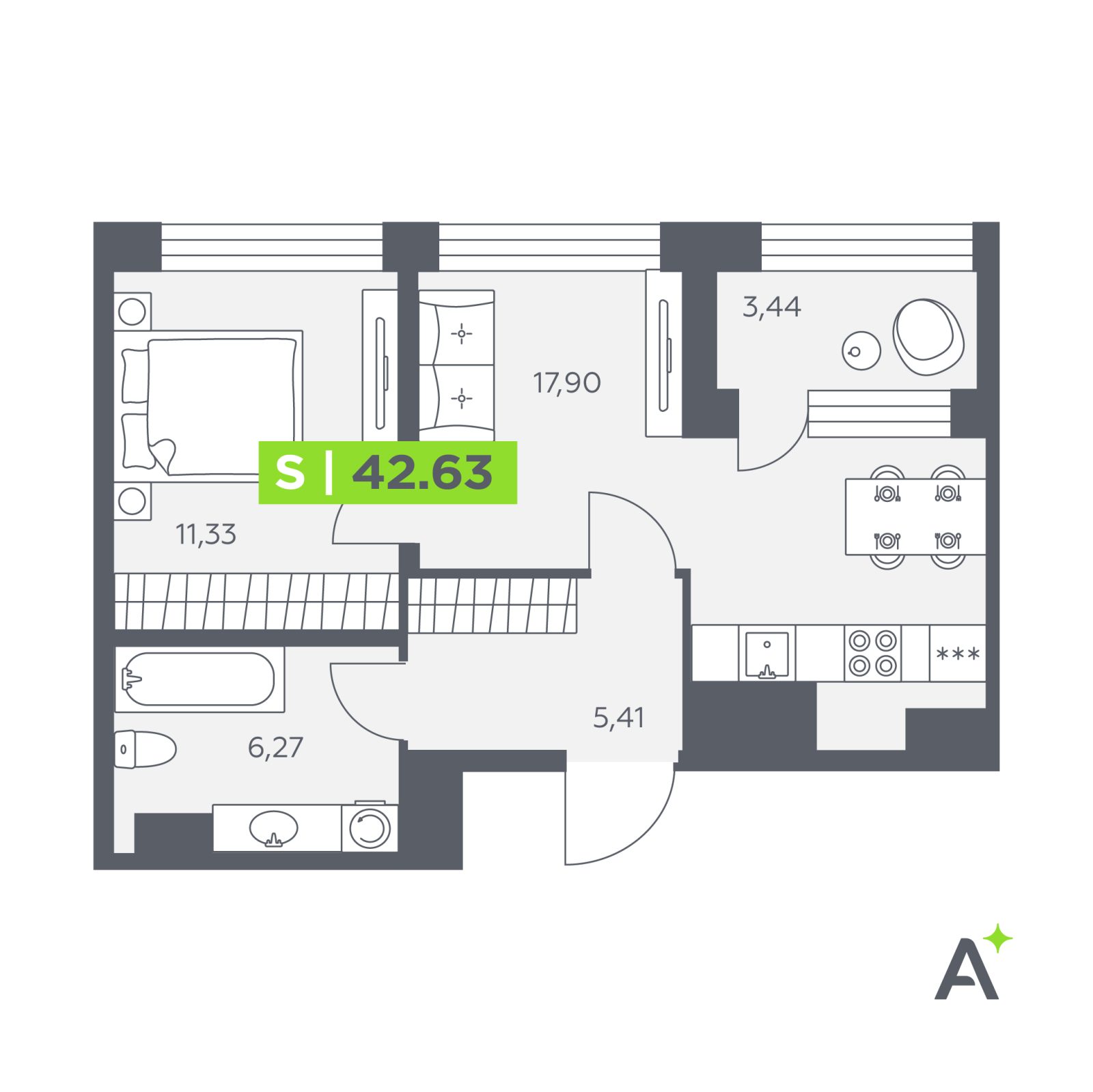 Планировка: 2-комнатная квартира, 42,6 м²
