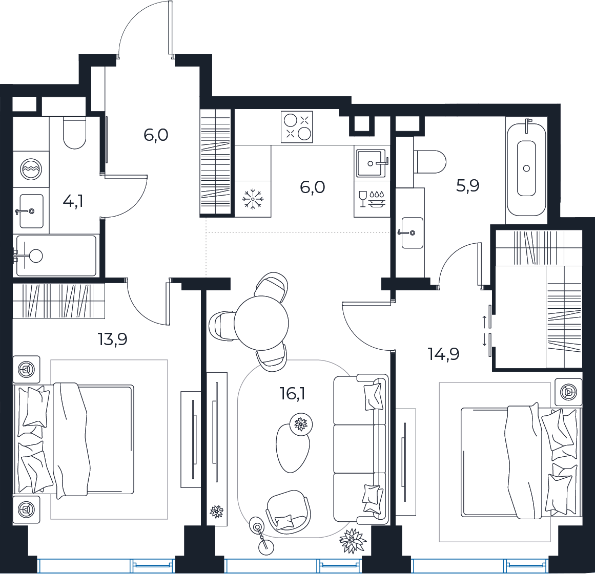 Планировка: 2-комнатная квартира, 66,9 м²