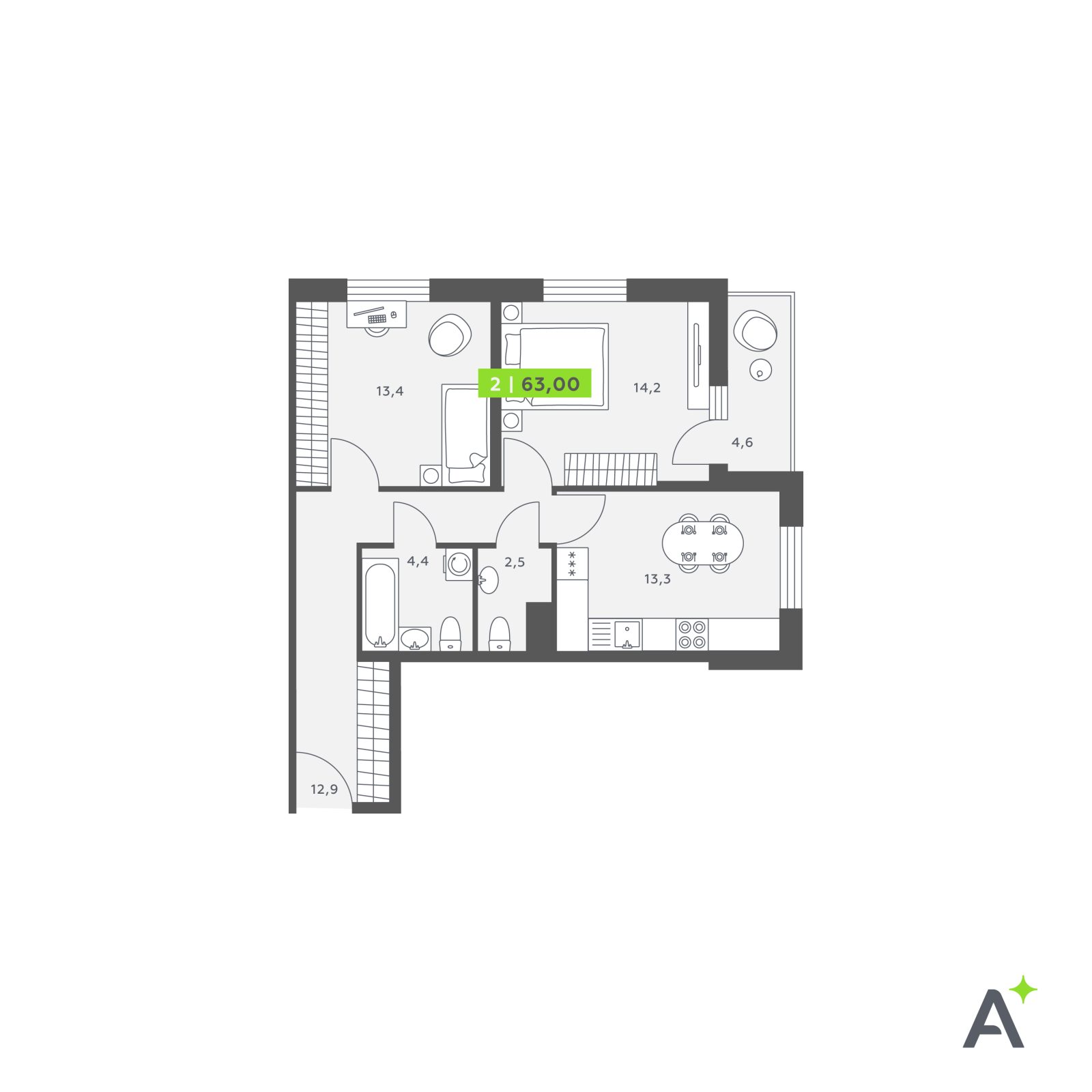 Планировка: 2-комнатная квартира, 63,0 м²