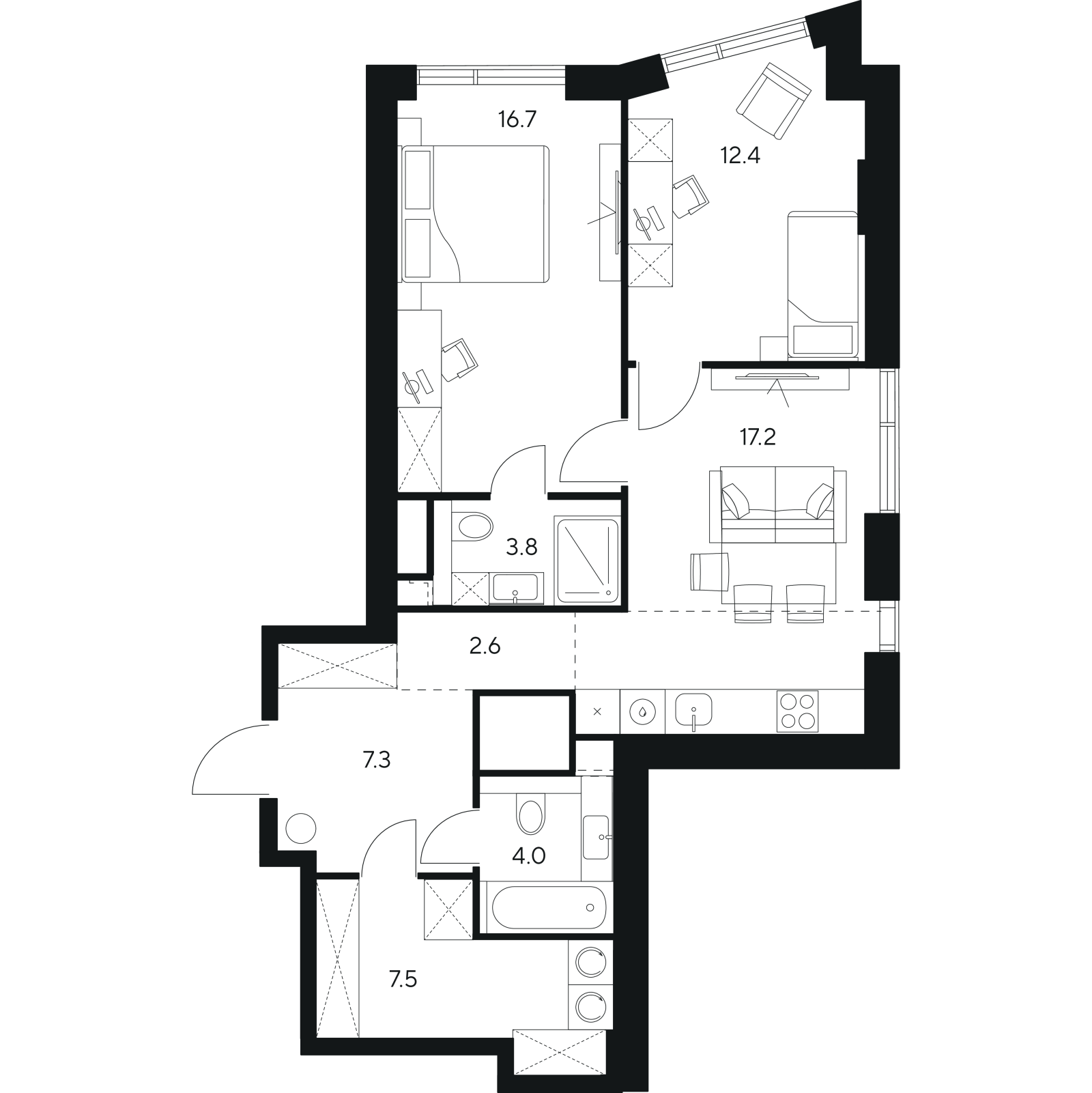 Планировка: 3-комнатная квартира, 71,5 м²