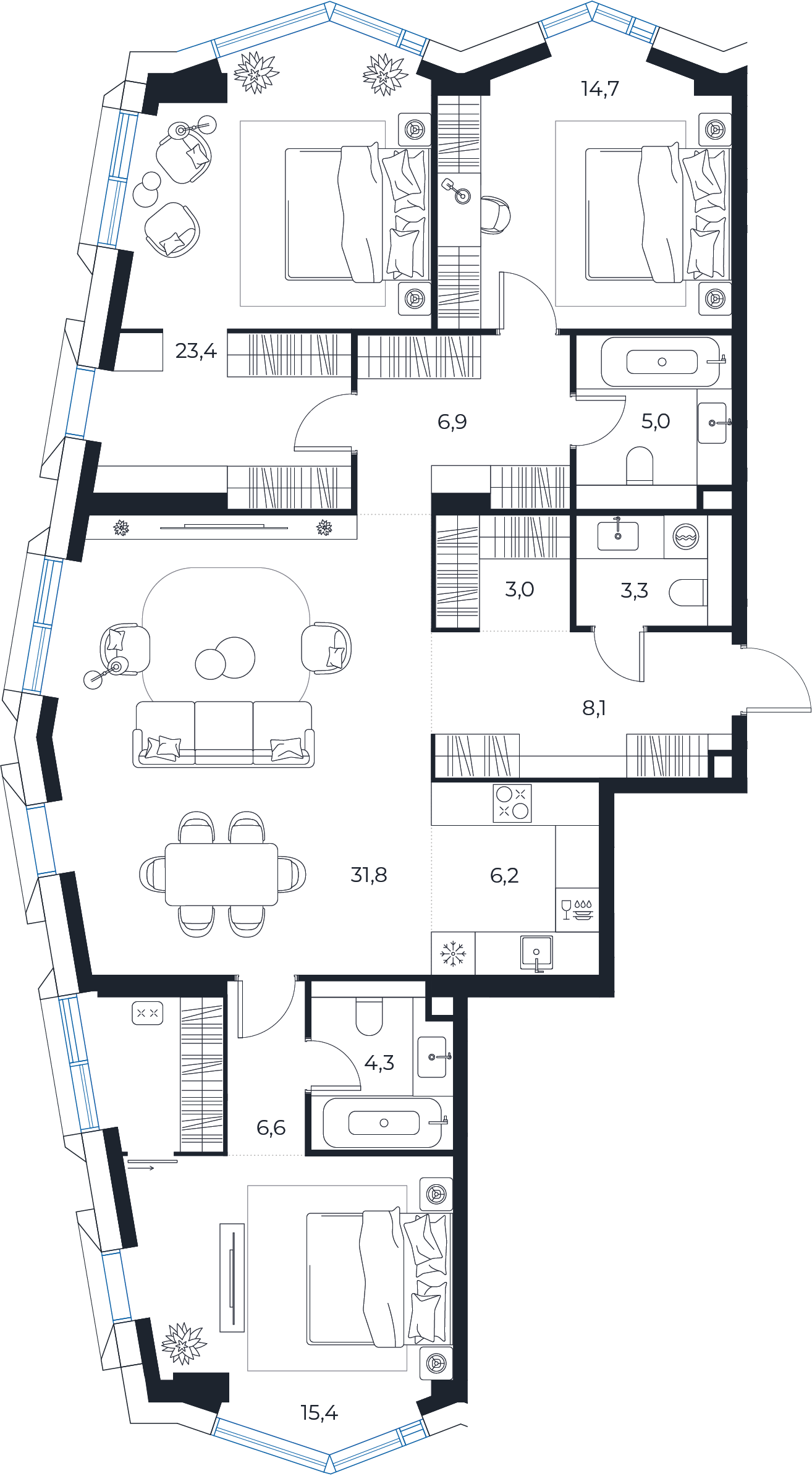 Планировка: 3-комнатная квартира, 128,7 м²