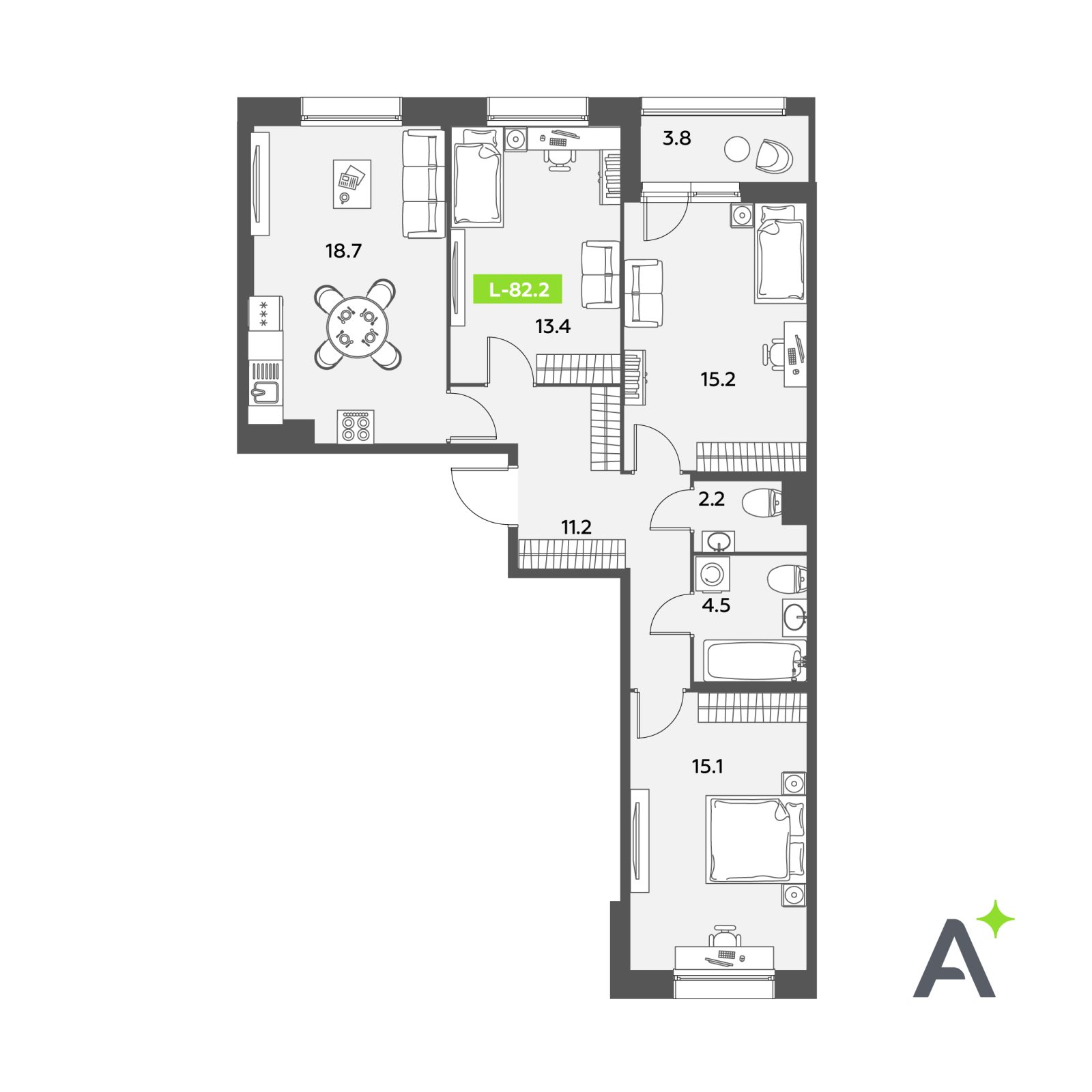 Планировка: 4-комнатная квартира, 82,2 м²