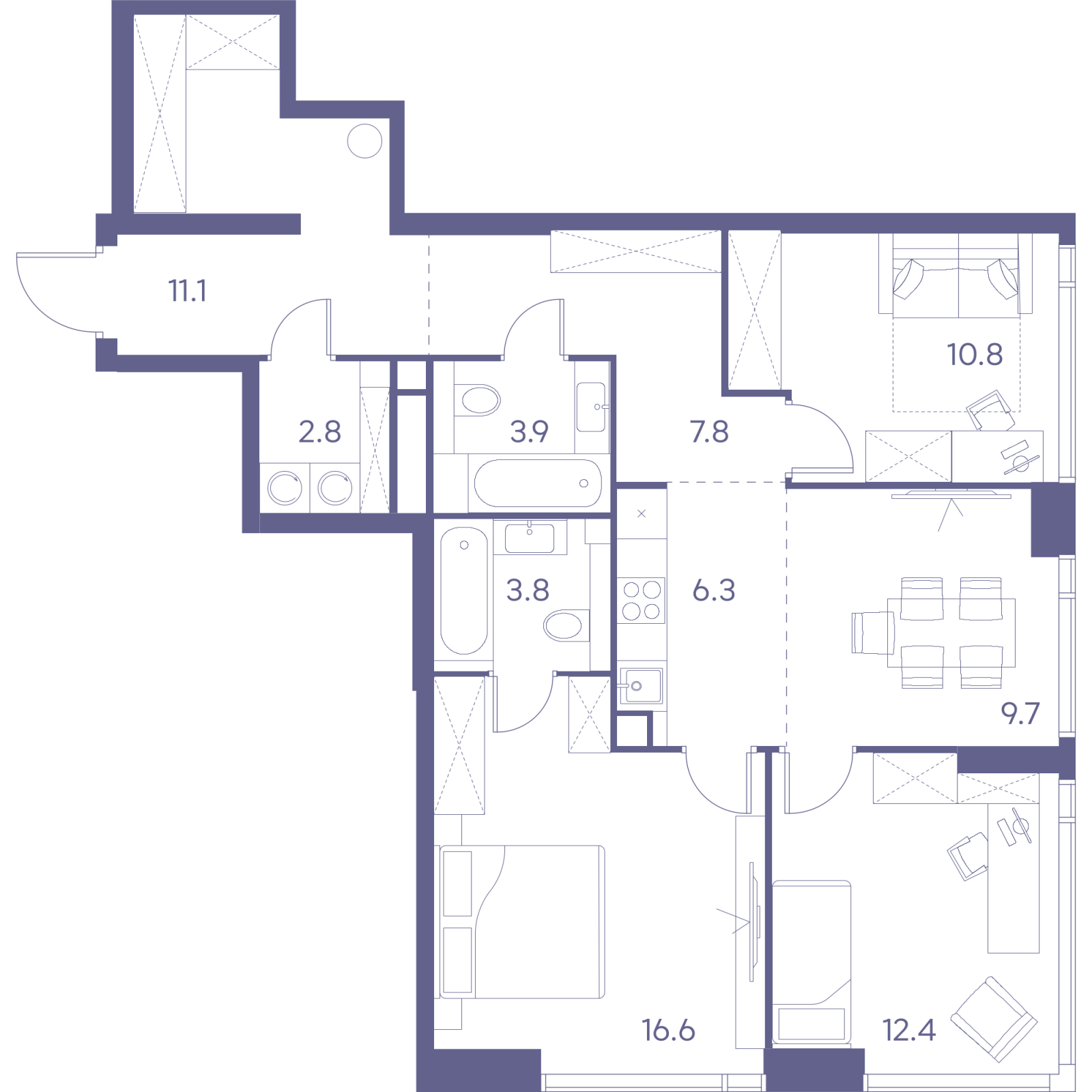Планировка: 4-комнатная квартира, 85,2 м²