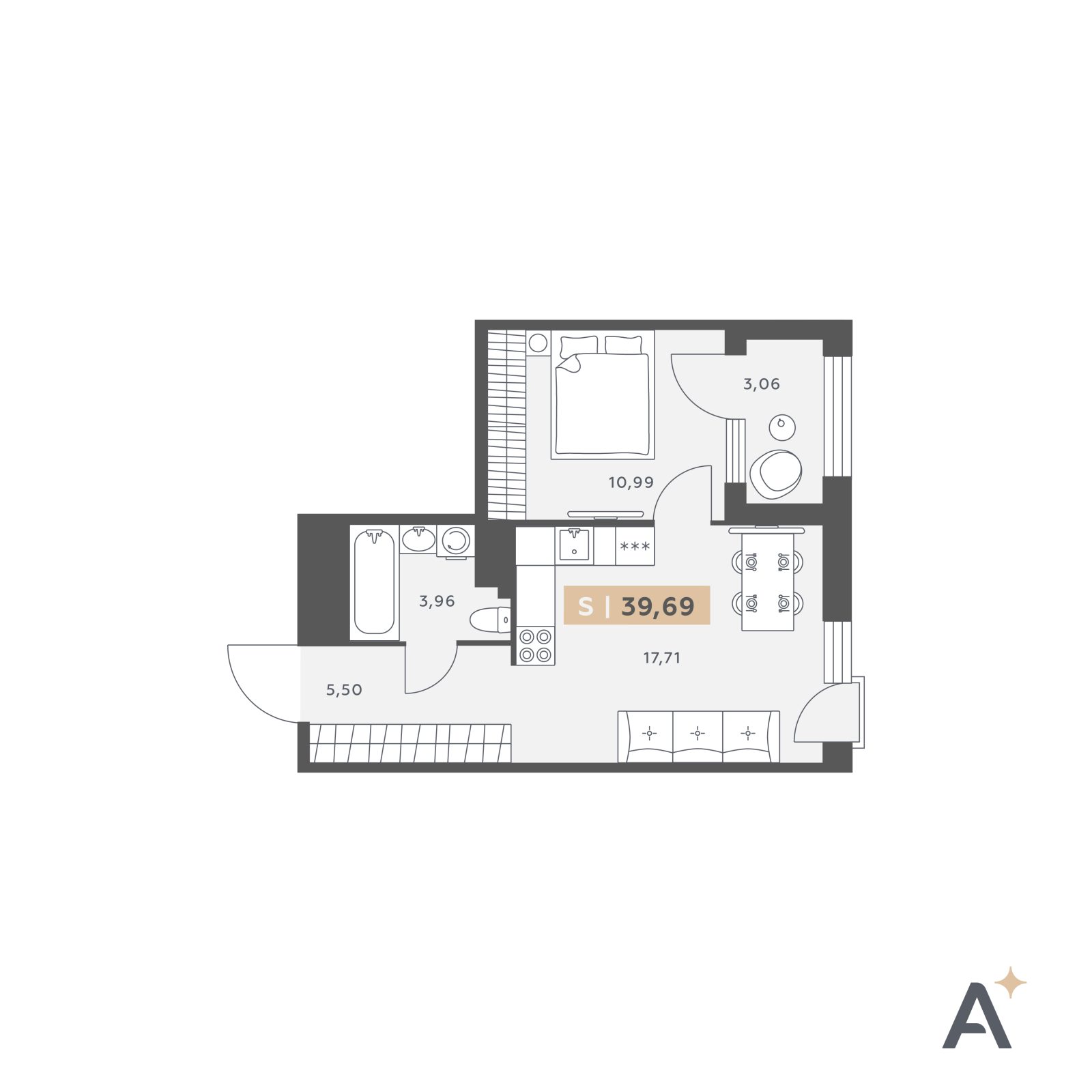 Планировка: 2-комнатная квартира, 39,7 м²