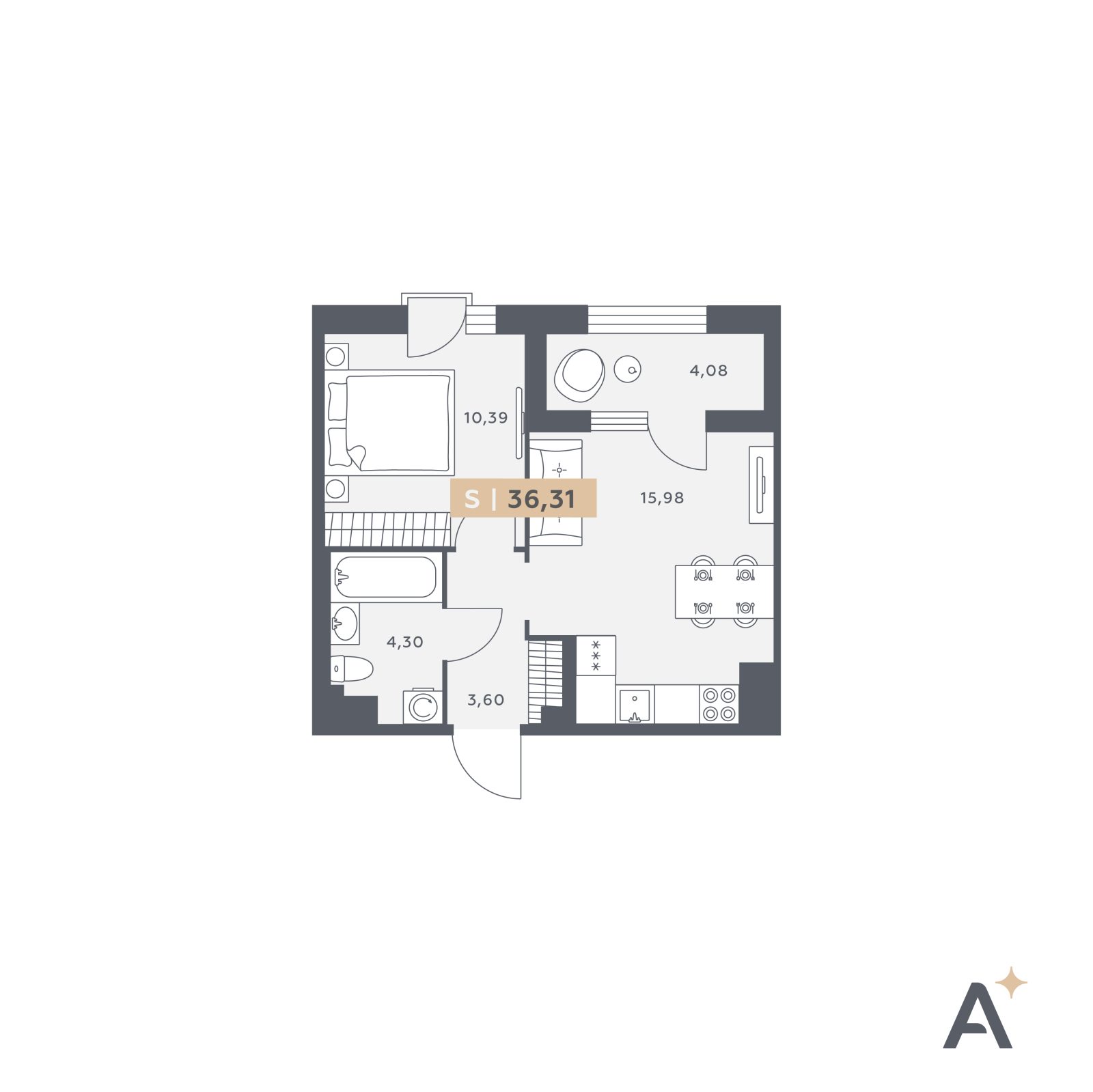 Планировка: 2-комнатная квартира, 36,3 м²