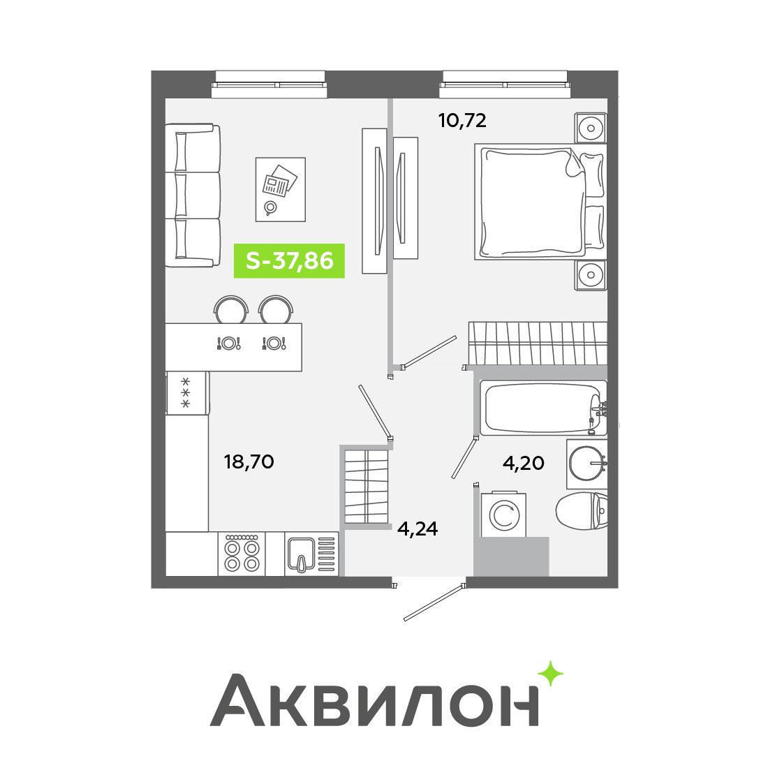 Планировка: 2-комнатная квартира, 37,9 м²