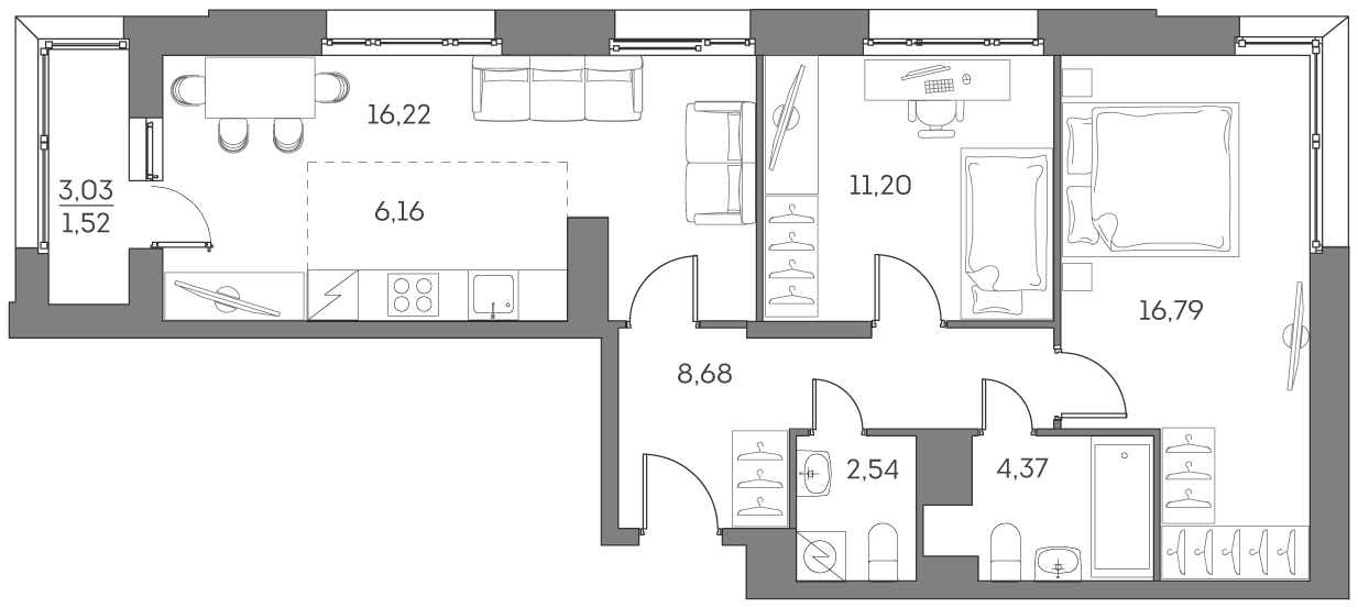 Планировка: 3-комнатная квартира, 67,5 м²