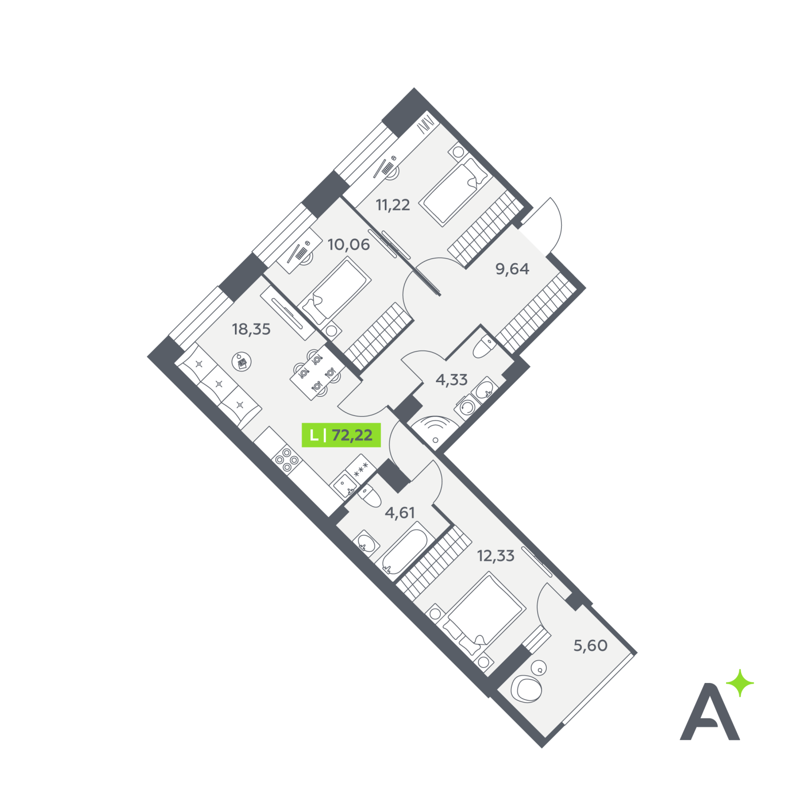 Планировка: 4-комнатная квартира, 72,2 м²