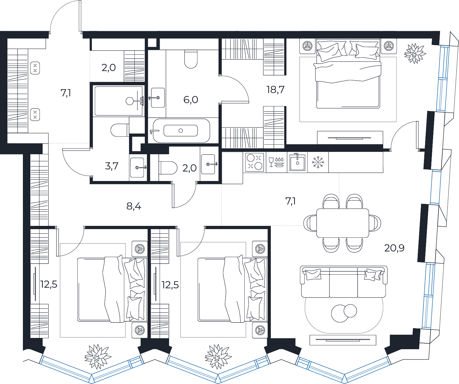 Планировка: 3-комнатная квартира, 100,9 м²