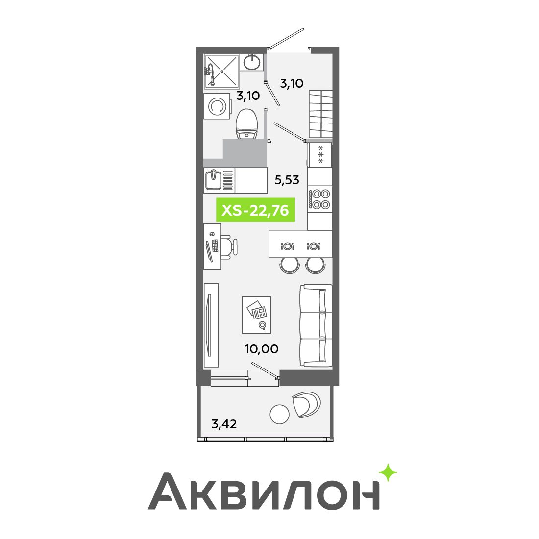 Планировка: студия, 22,8 м²
