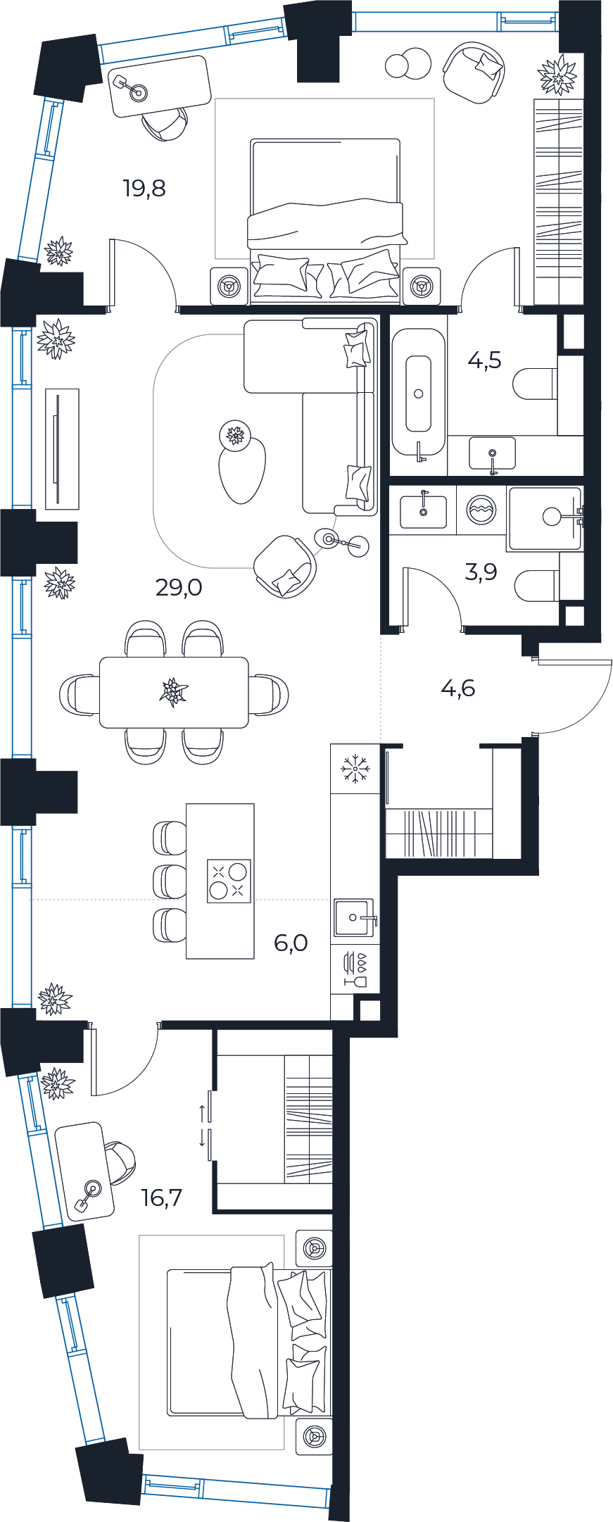 Планировка: 2-комнатная квартира, 84,5 м²