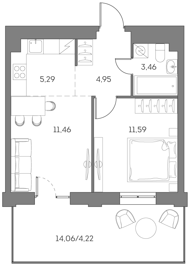 Планировка: 2-комнатная квартира, 41,0 м²