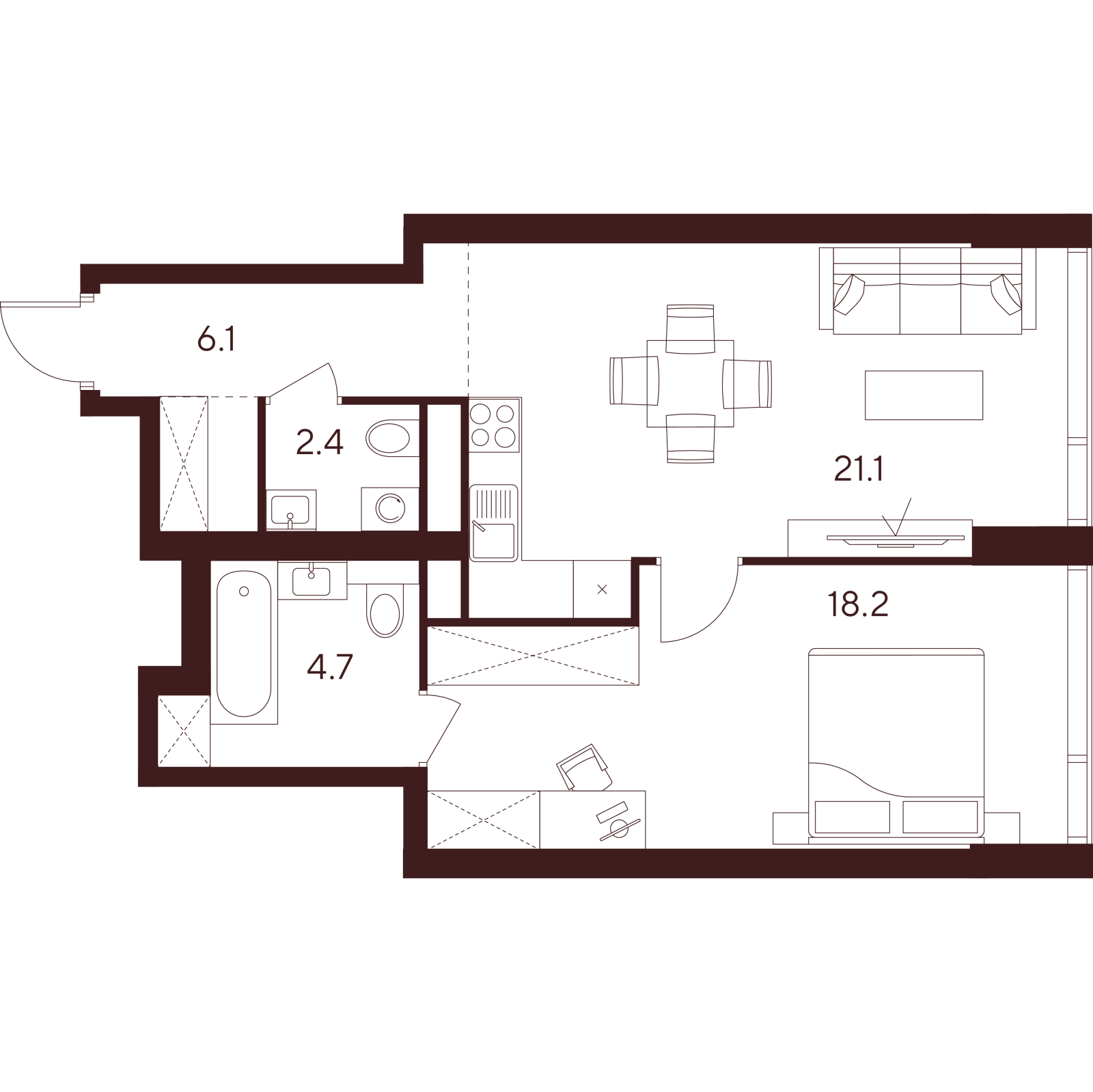 Планировка: 2-комнатная квартира, 52,5 м²