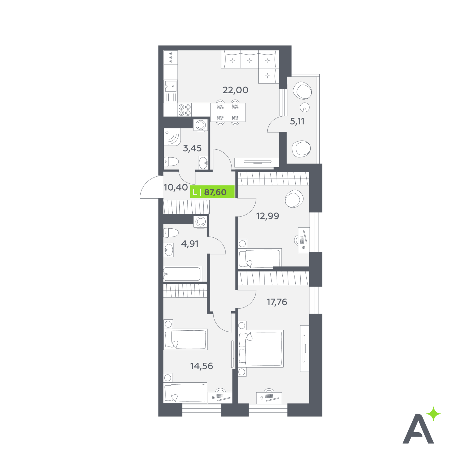 Планировка: 4-комнатная квартира, 87,6 м²