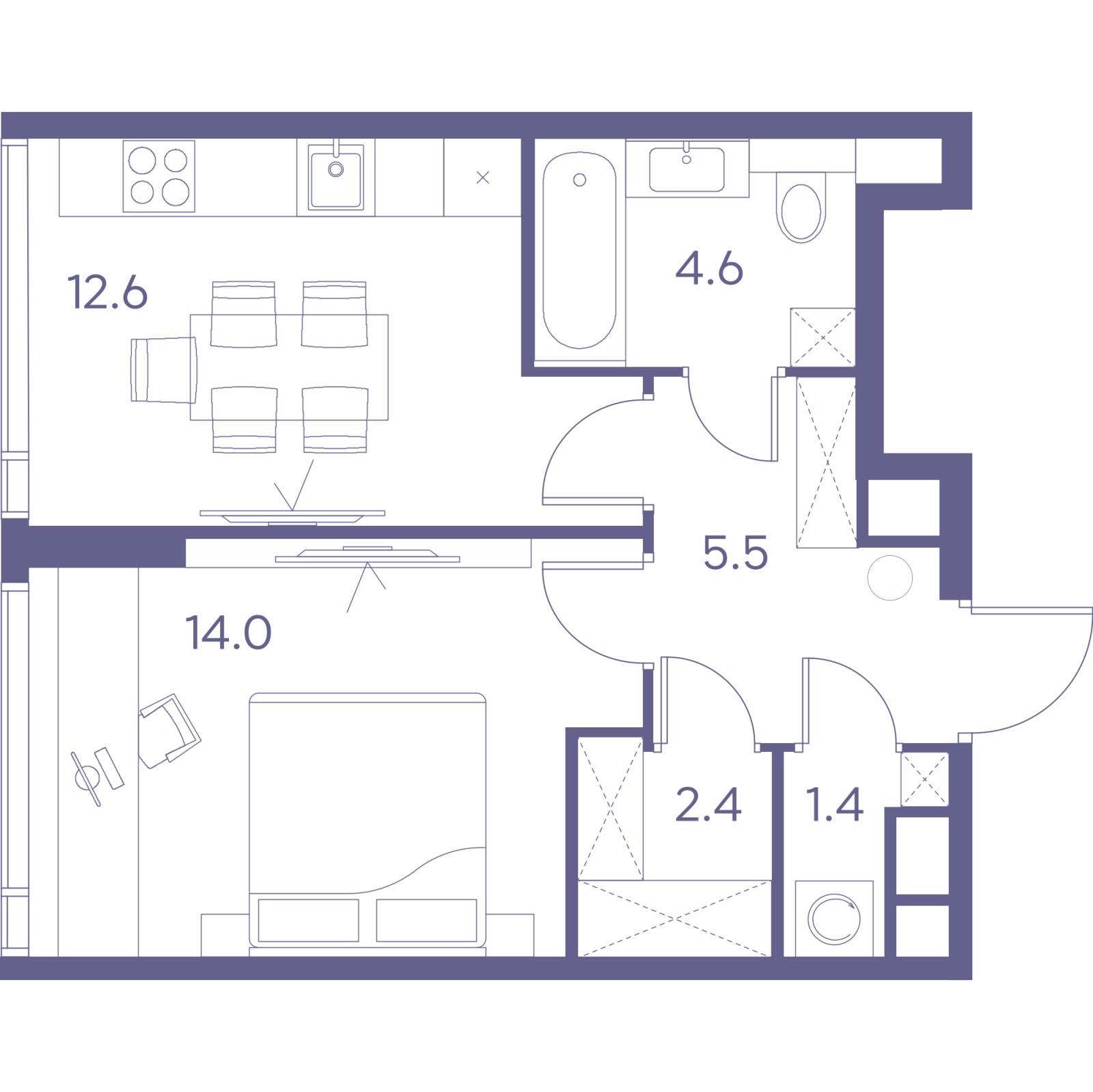 Планировка: 1-комнатная квартира, 40,5 м²